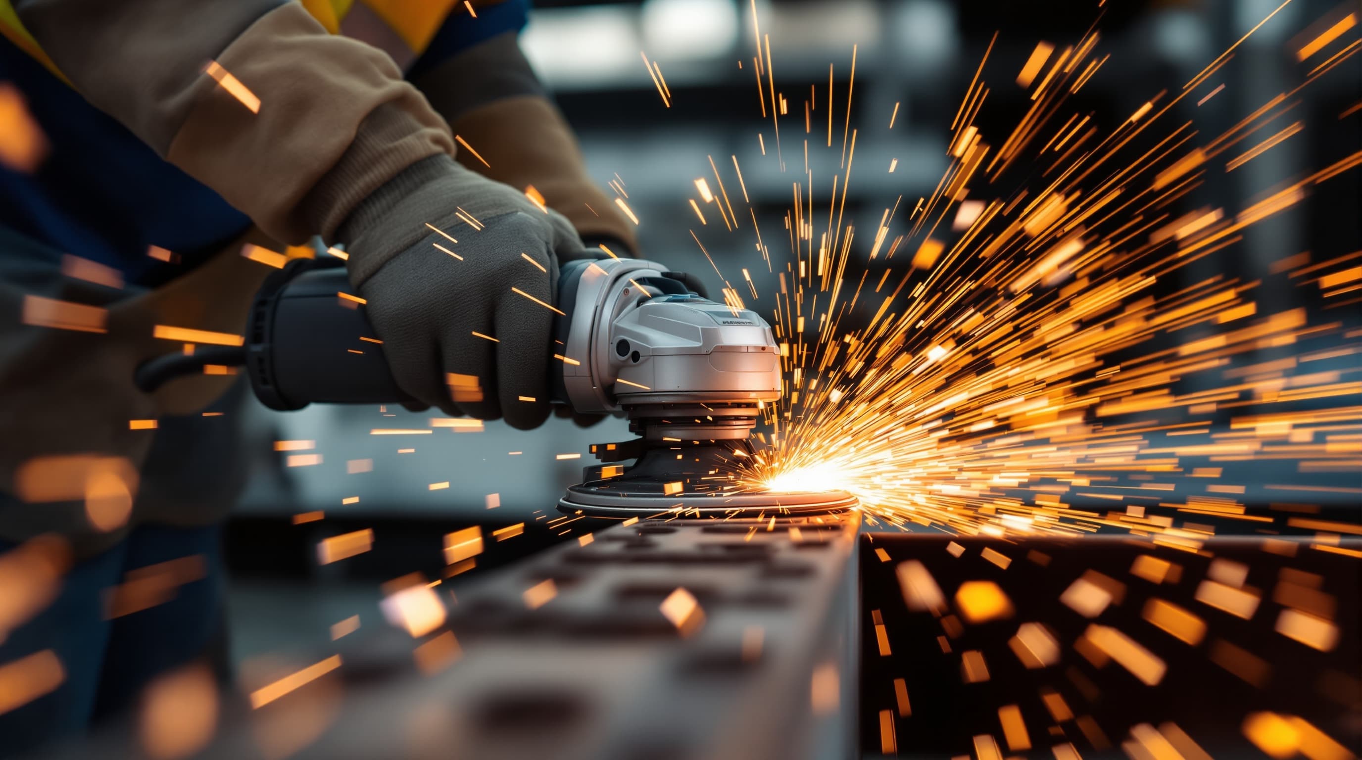 A worker using an angle grinder to cut a steel beam, bright orange sparks flying, safety glasses and gloves visible