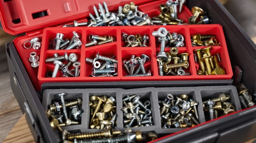 An organized hardware kit case open showing assorted concrete anchors, wedge bolts, and masonry screws in foam inserts