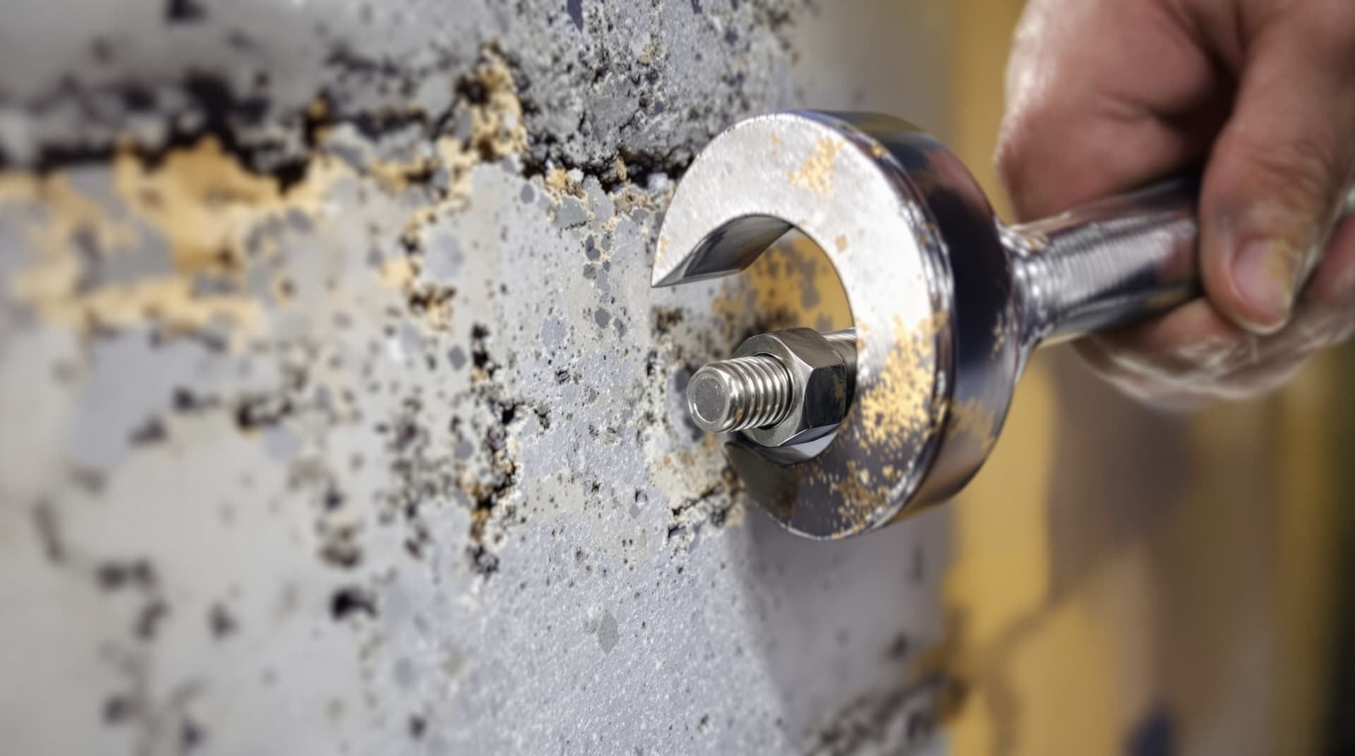 Close-up of a hand installing a wedge anchor into a concrete wall with a wrench, washer and nut visible