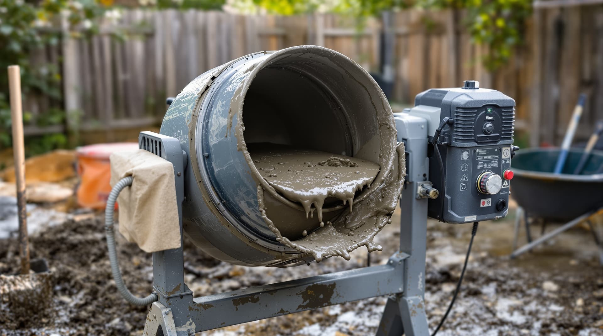 A portable electric concrete mixer drum rotating in a backyard, wet concrete visible inside, shovel and wheelbarrow nearby