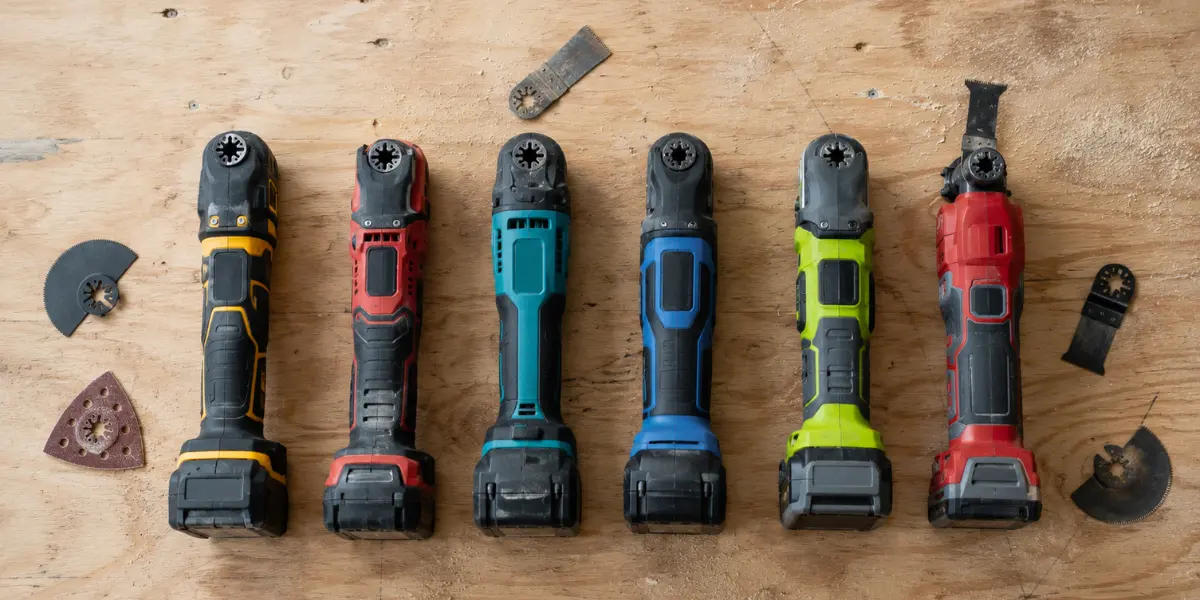 Six cordless oscillating multi-tools in different brand colours laid out in a row on a plywood subfloor, with plunge, segmented and sanding accessories around them