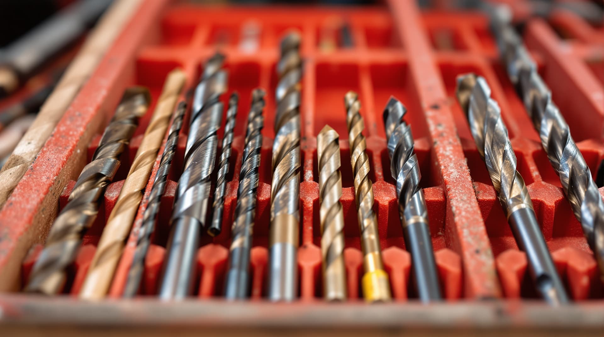 An organized case of drill bits showing different types side by side - wood spade bits, metal twist bits, masonry bits, and glass bits