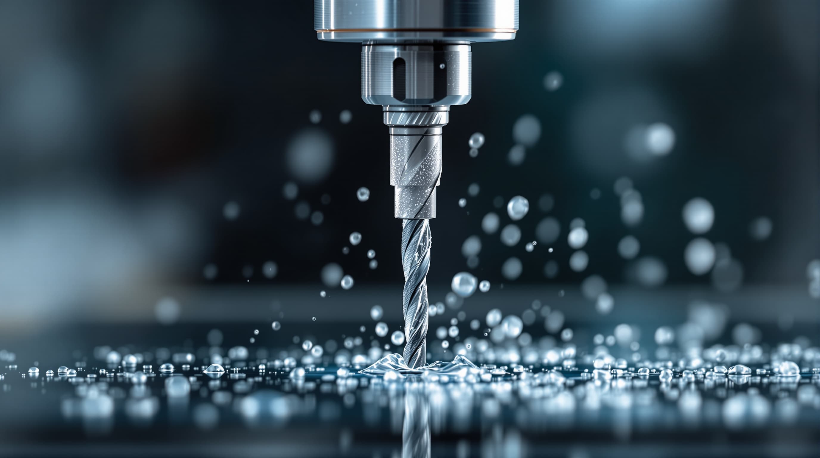 A diamond-tipped drill bit drilling slowly into a glass pane with water cooling droplets visible
