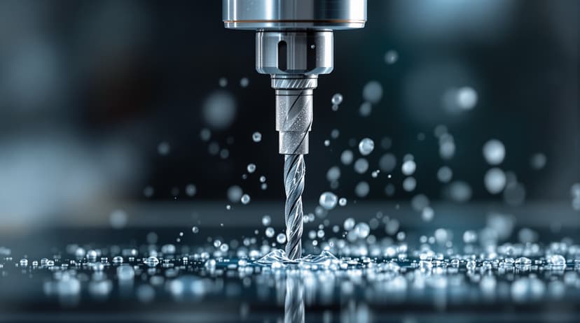 A diamond-tipped drill bit drilling slowly into a glass pane with water cooling droplets visible