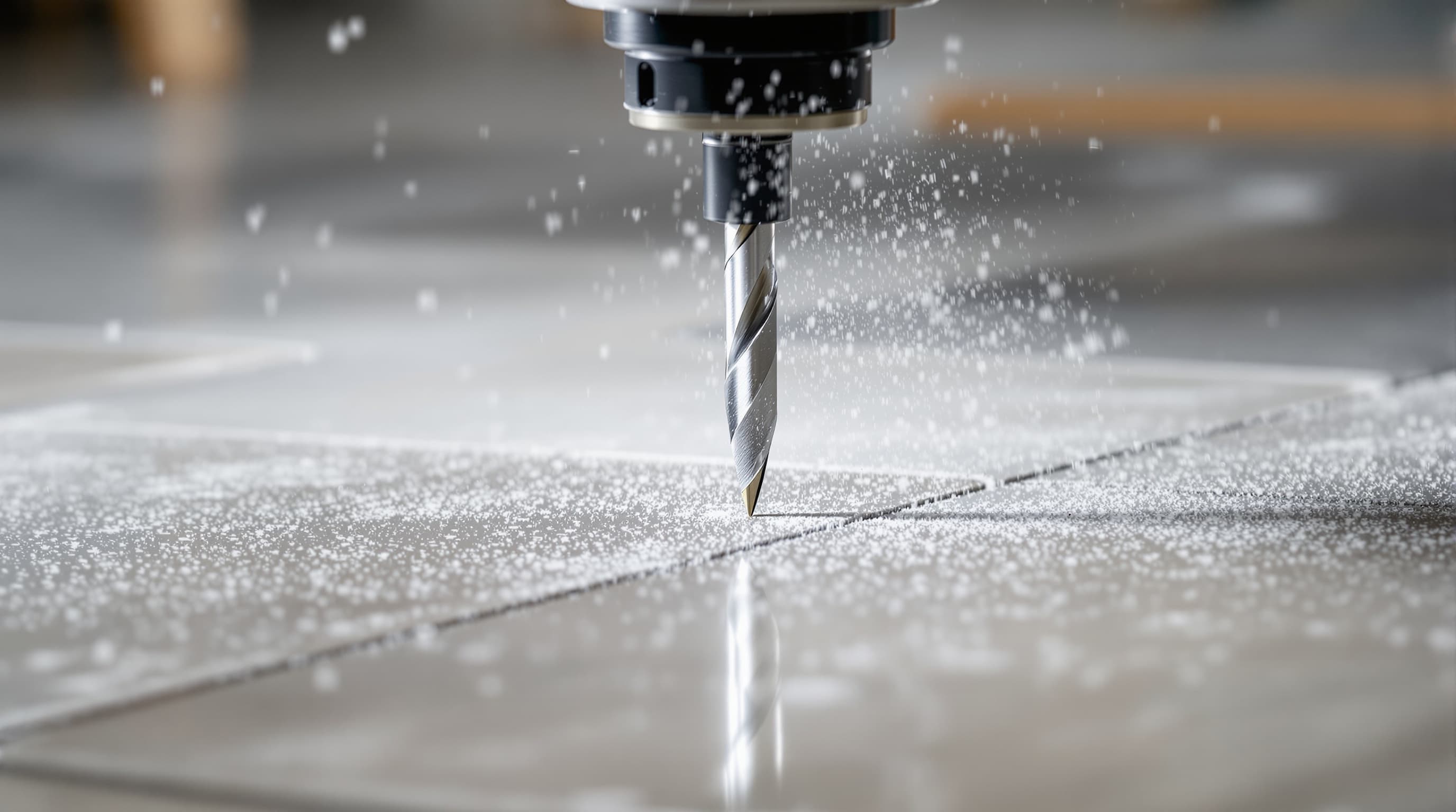 A carbide spear-point tile drill bit drilling through a ceramic floor tile with light dust visible
