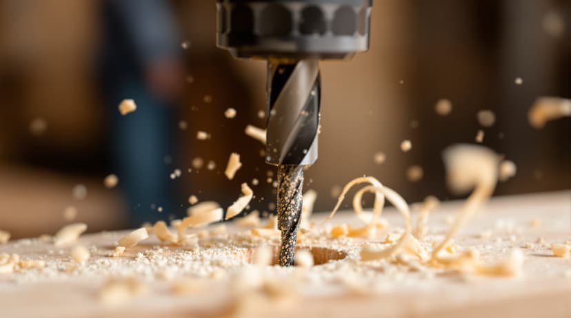 A spade drill bit boring a clean hole through a wooden board with wood shavings curling out