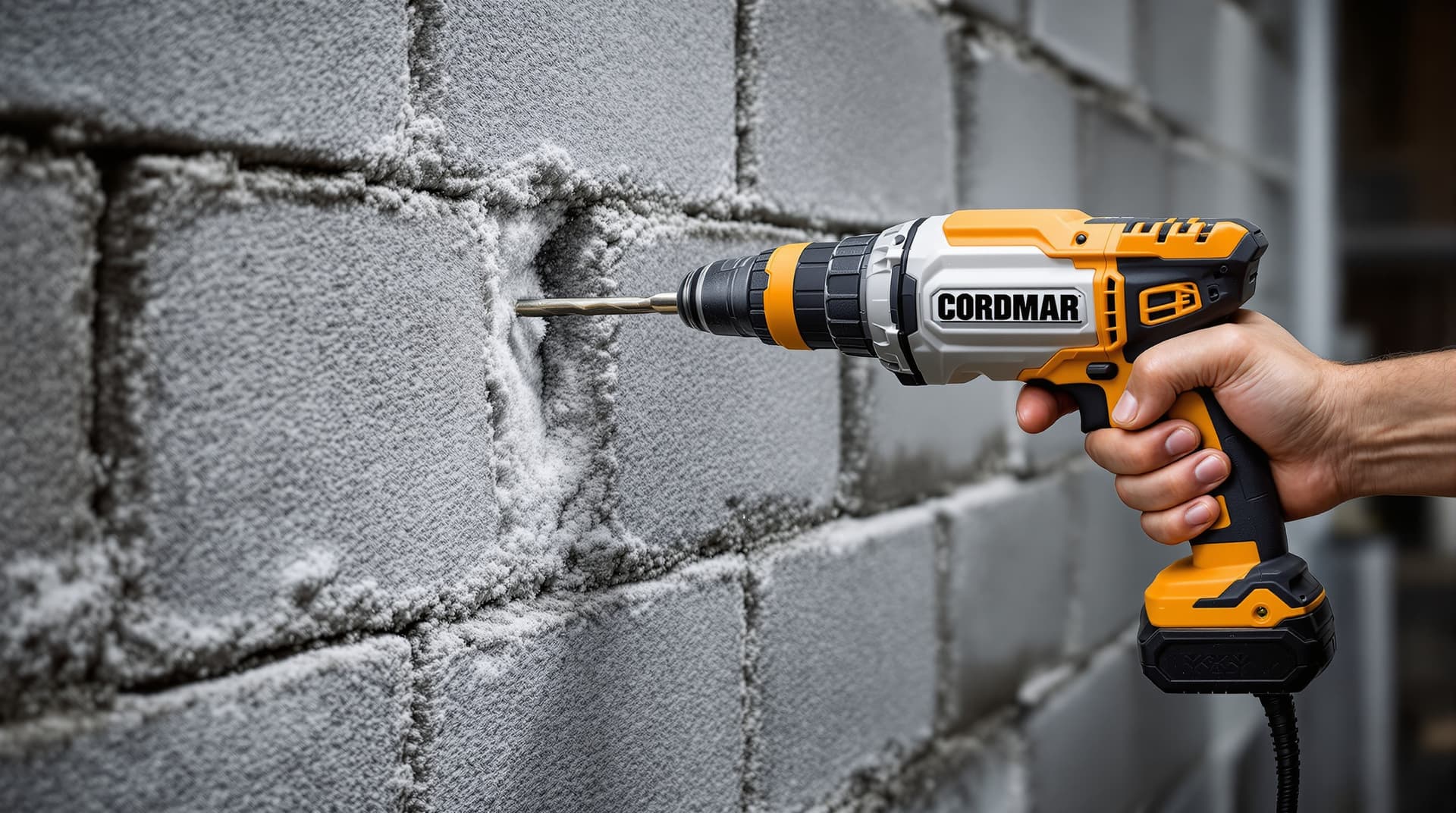 A cordless hammer drill drilling into a gray concrete block wall, dust visible around the bit, worker hand on the trigger