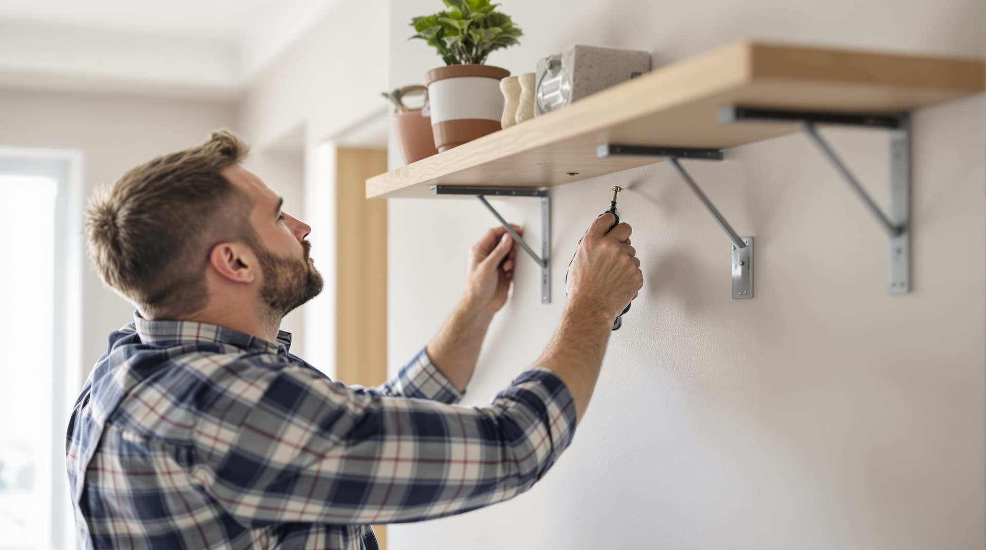 A homeowner using a cordless drill to mount a wall shelf bracket on a living room wall