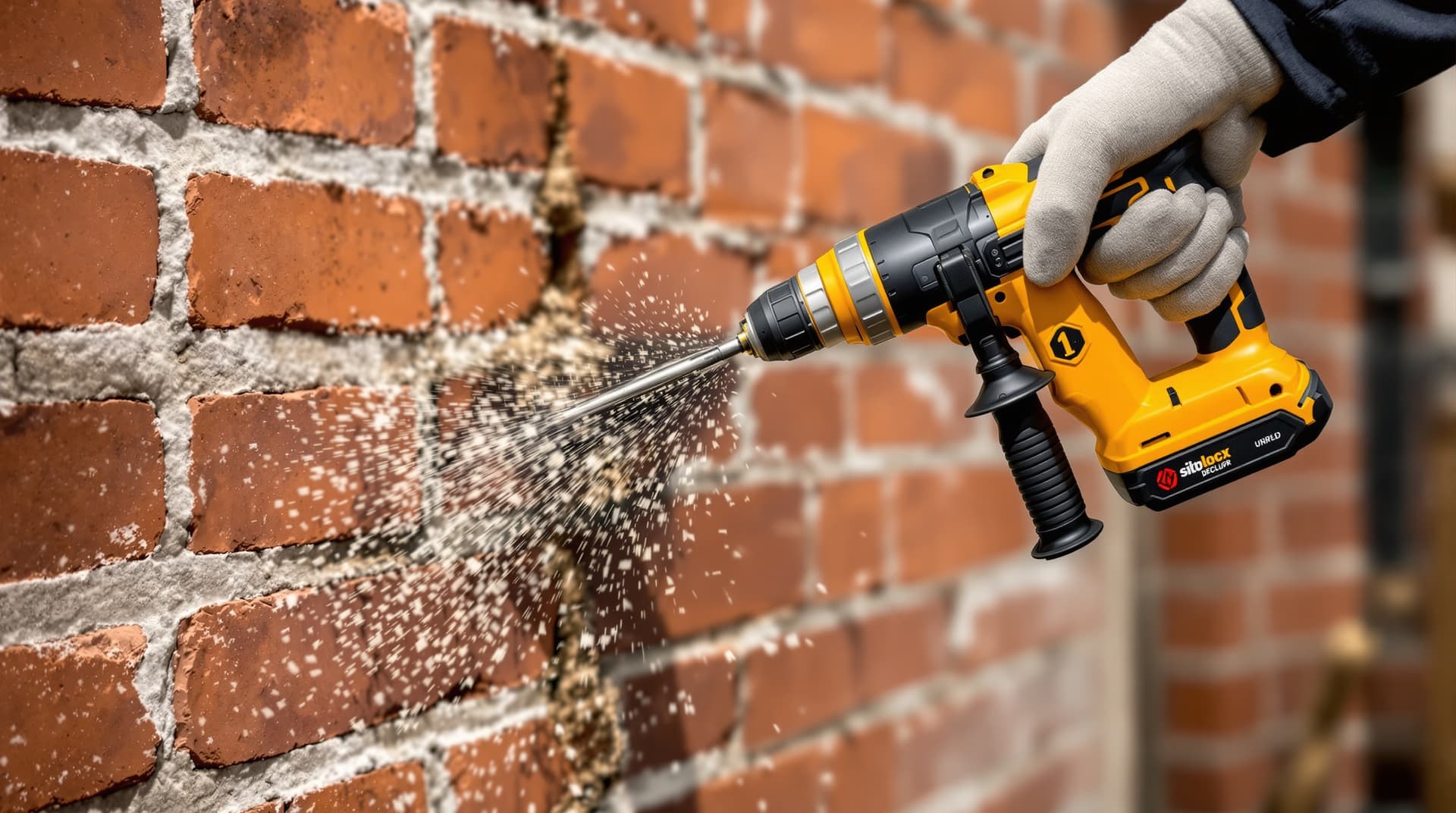 A bright yellow cordless hammer drill with side handle drilling into a brick wall, dust and chips flying