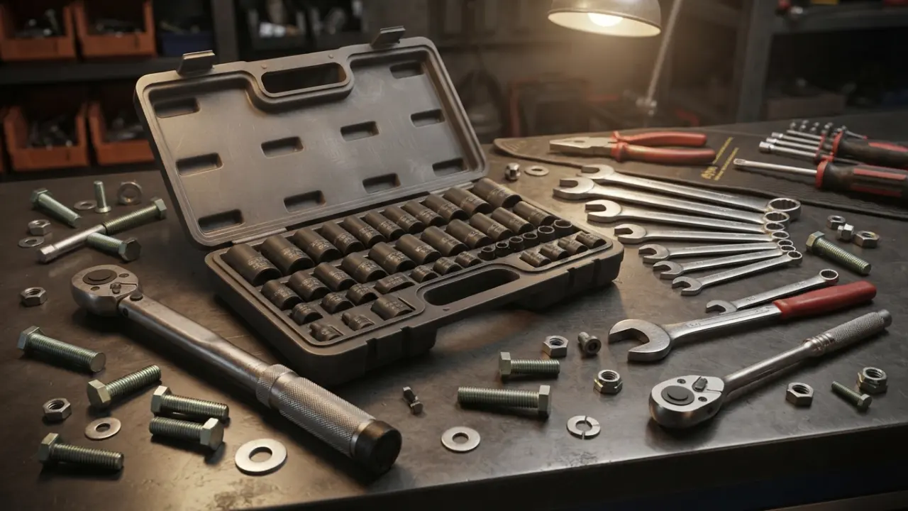 Open socket set, combination wrenches and a torque wrench on a workshop bench with assorted hex bolts and nuts