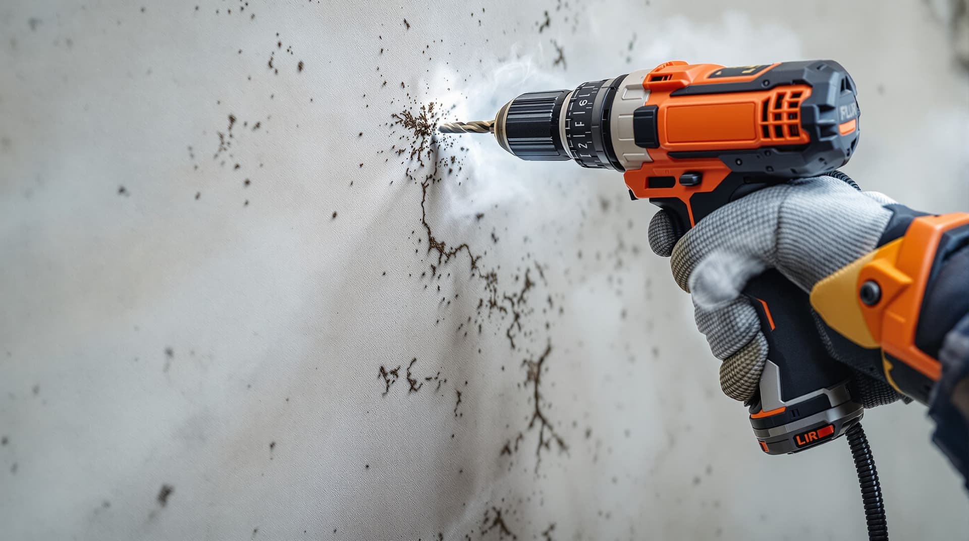 A standard cordless drill struggling against a concrete wall, slightly blurred bit spinning without progress, smoke wisp visible