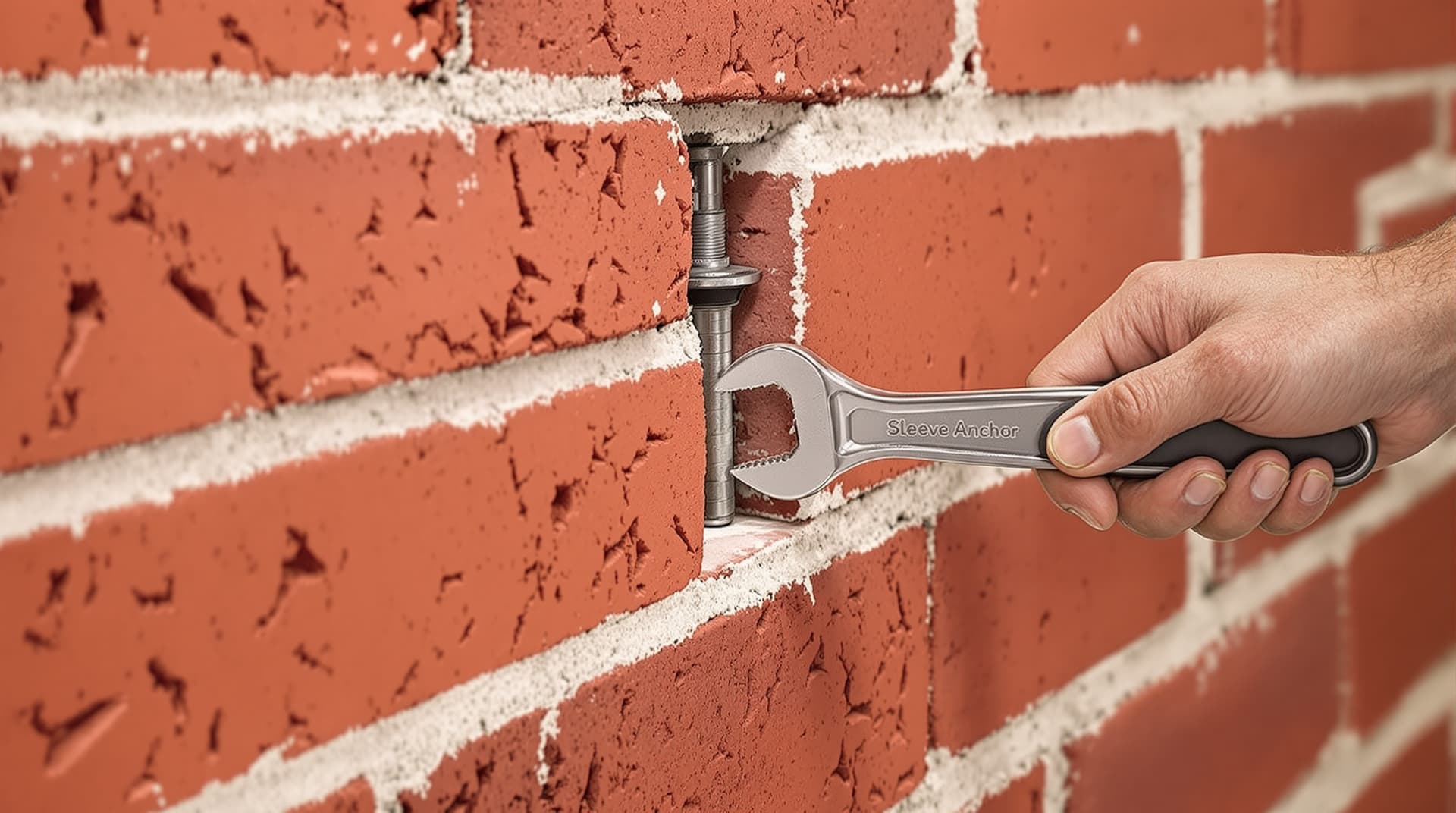 A sleeve anchor partially installed into a red brick wall, hand holding a wrench nearby