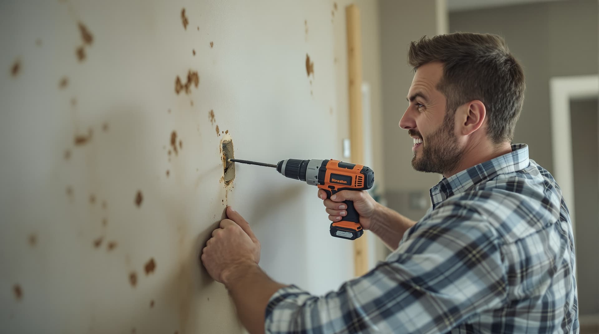 A homeowner drilling at an awkward crooked angle into a wall, slightly comedic but realistic DIY scene