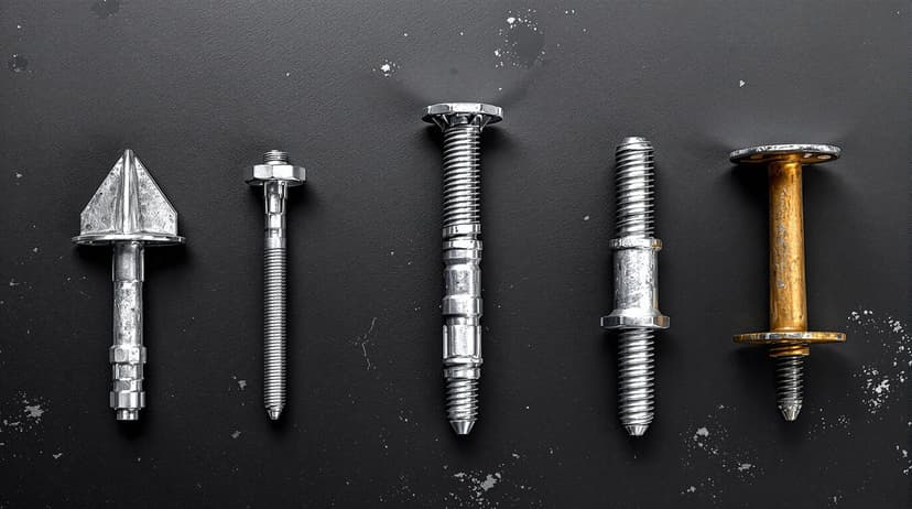 An overhead flat-lay of five different concrete anchor types - wedge, sleeve, drop-in, Tapcon, and toggle - arranged neatly on a dark workbench