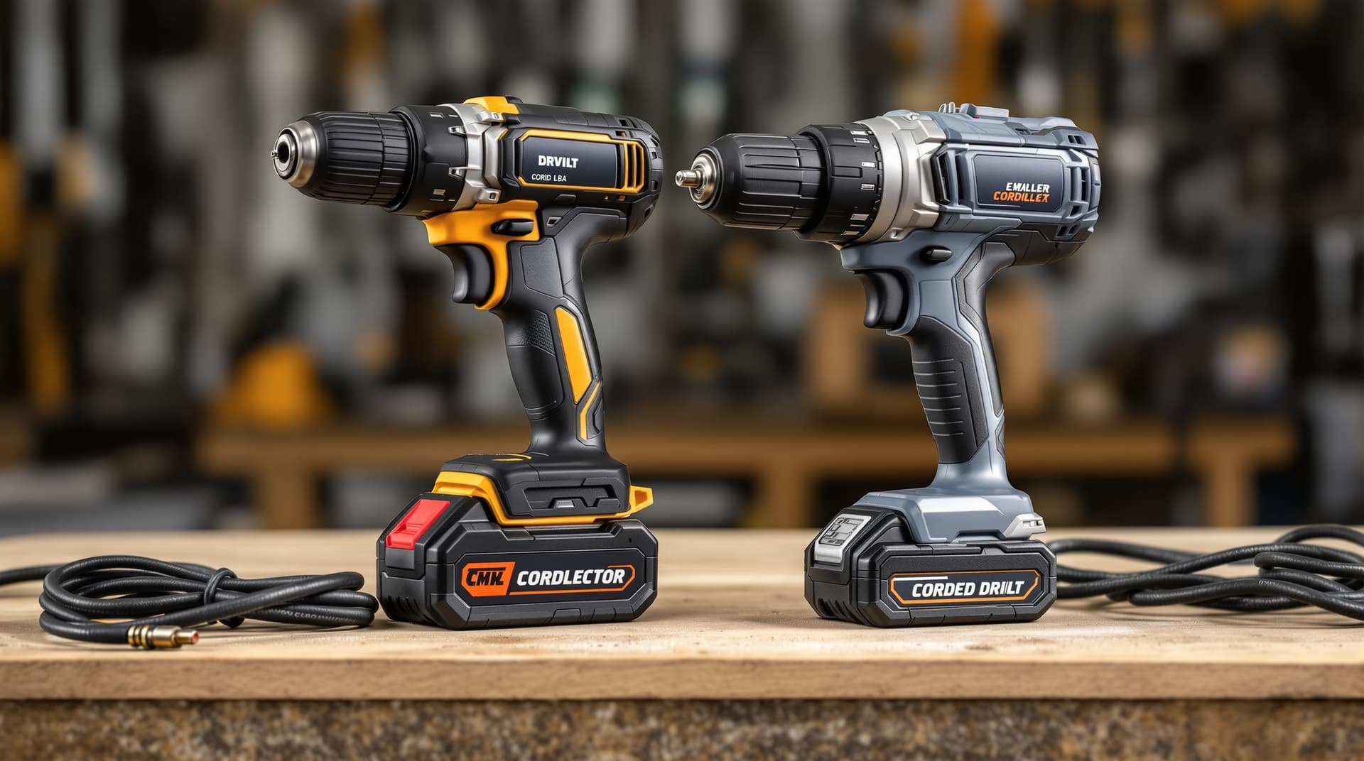 A cordless drill and a corded drill placed side by side on a workbench, battery pack and power cord both visible