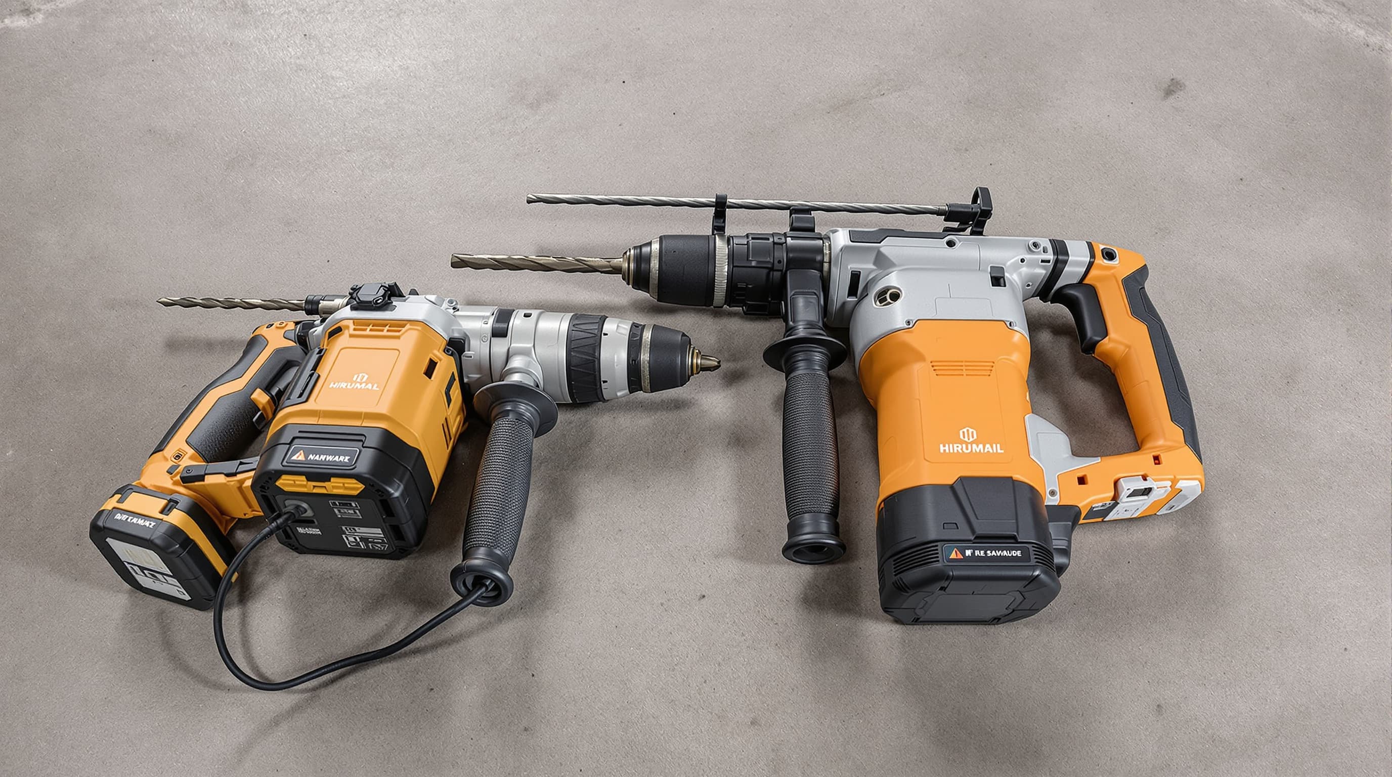 Two hammer drills side by side on a concrete floor, one with a battery pack and one with a power cord, both with masonry bits