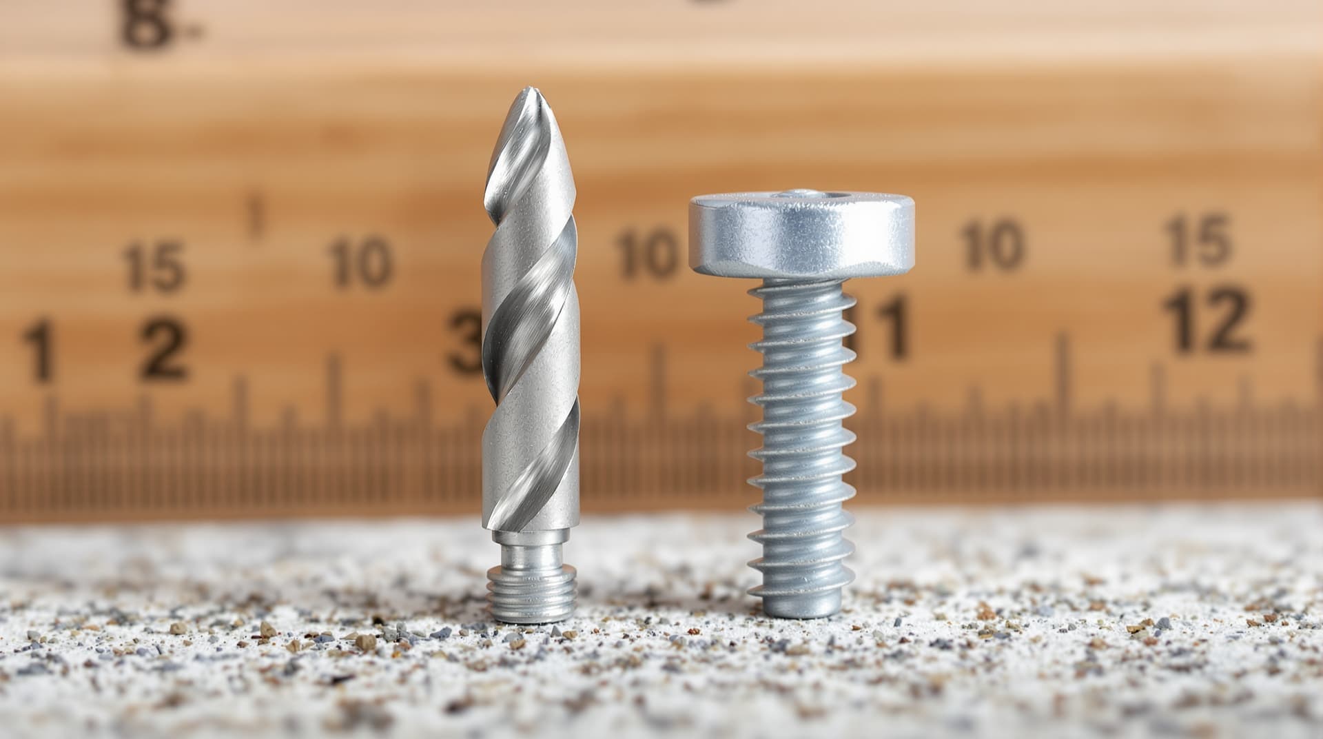 A close-up of a masonry drill bit held next to a concrete screw anchor for size comparison, ruler in the background
