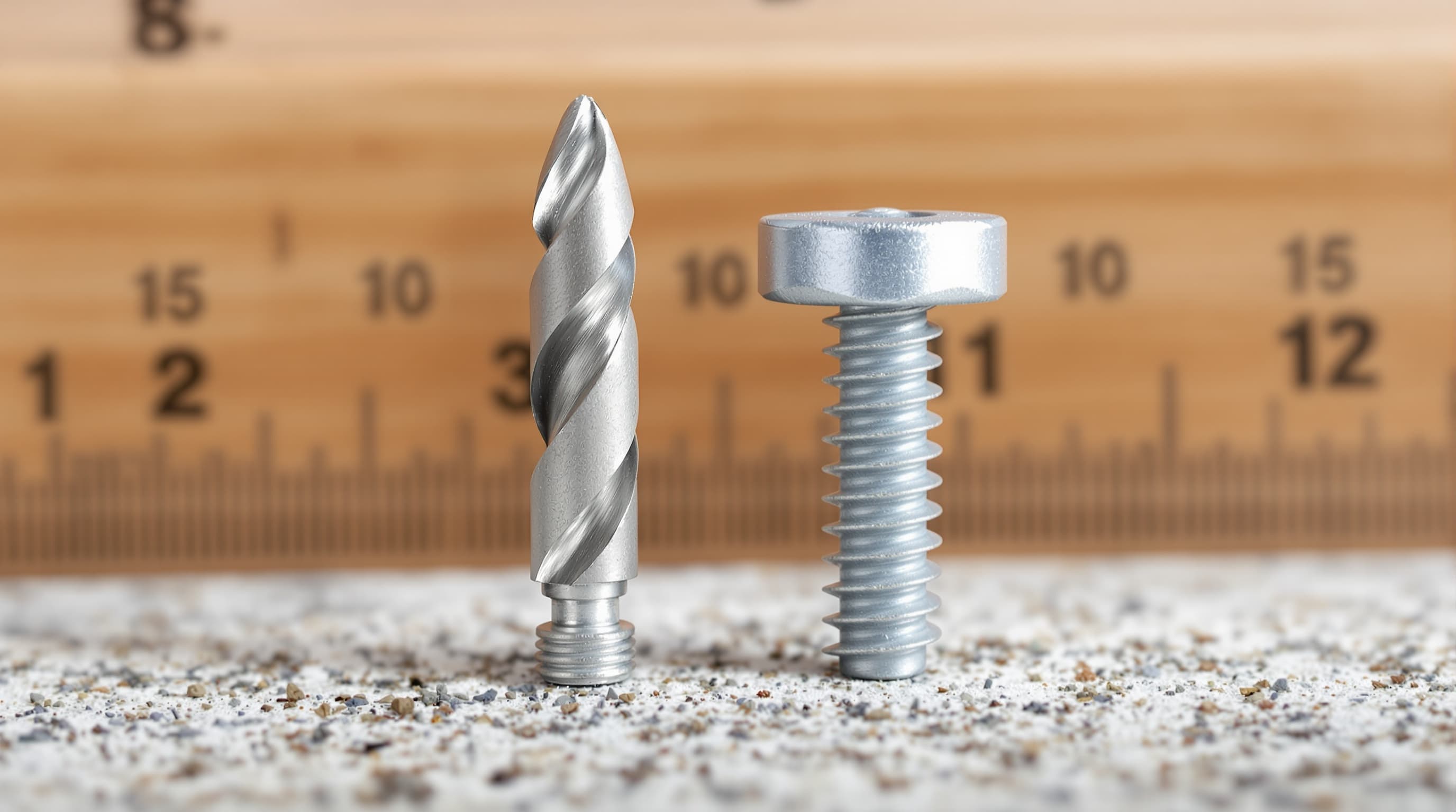 A close-up of a masonry drill bit held next to a concrete screw anchor for size comparison, ruler in the background