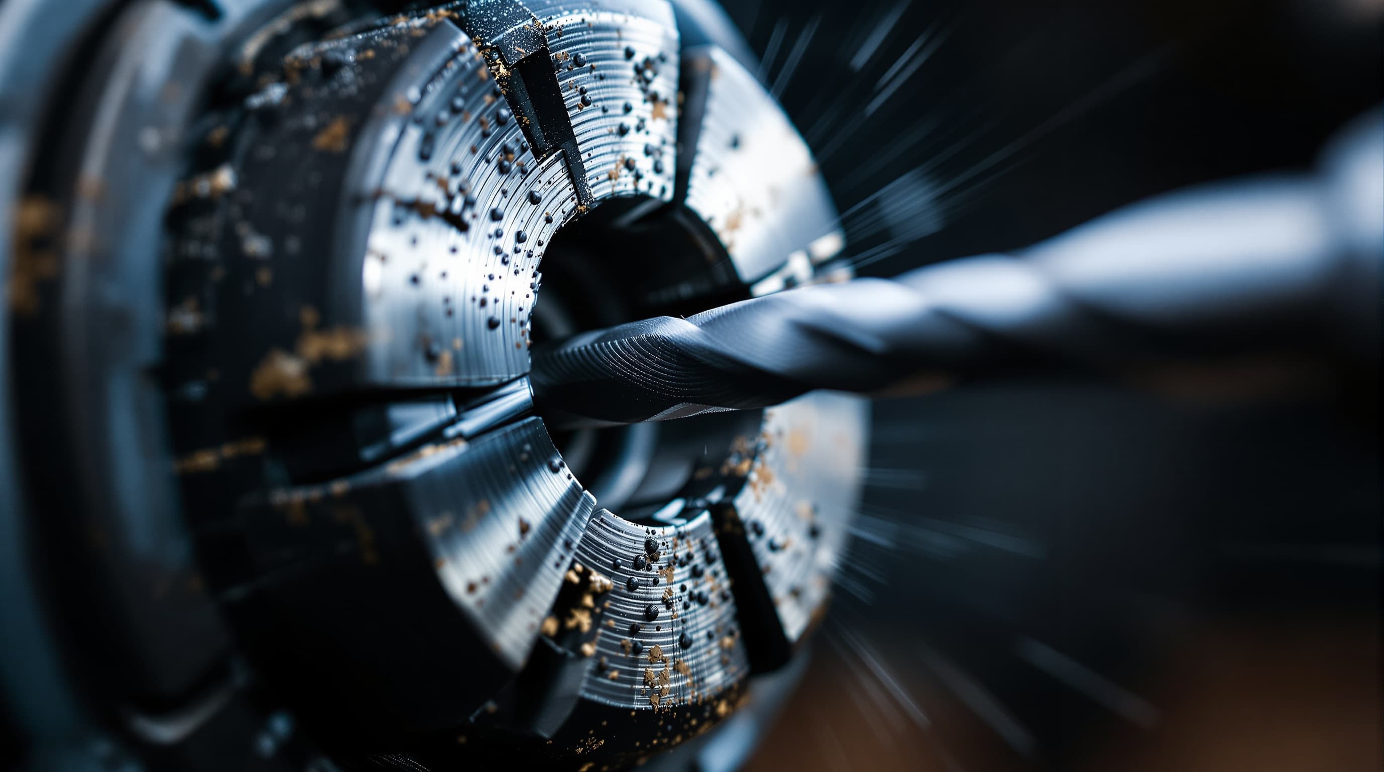 Extreme close-up of a drill chuck open with jaws visible, a drill bit partially inserted