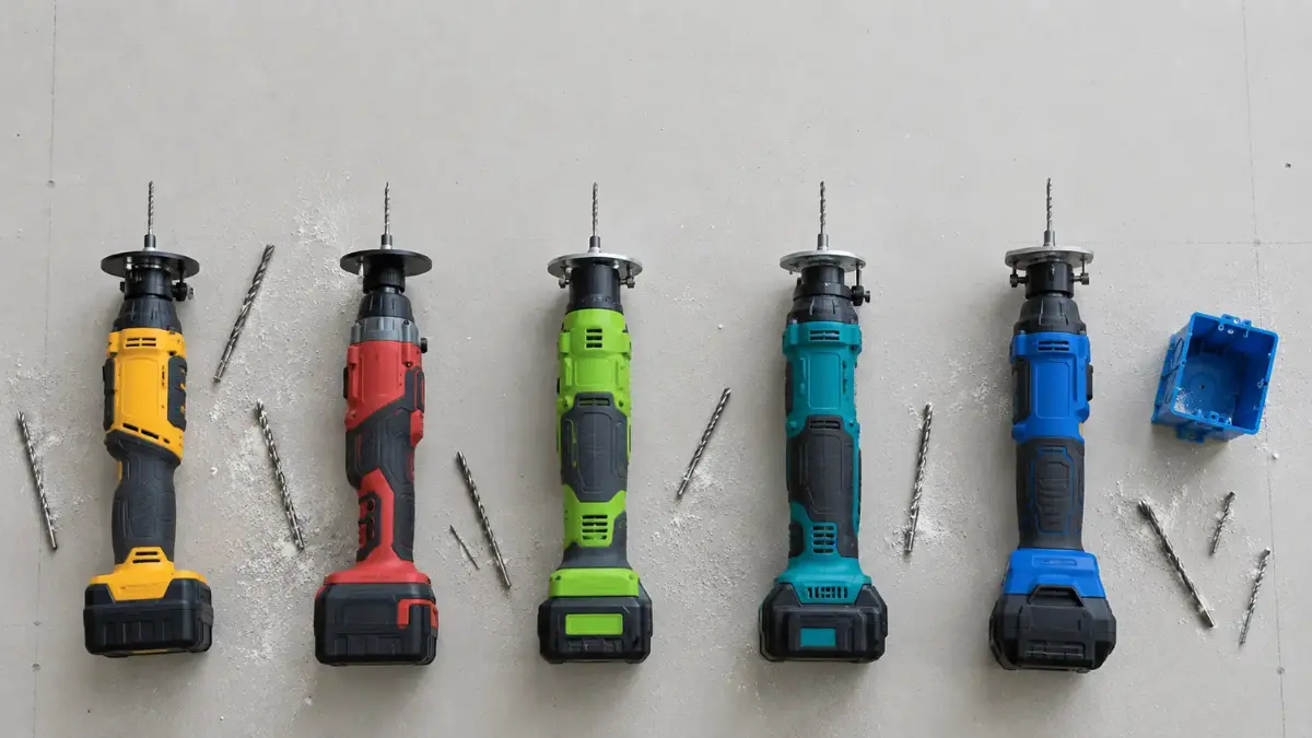 Five cordless drywall cut-out tools in different brand colours laid out in a row on a sheet of unfinished drywall, with spiral cut-out bits and an electrical outlet box scattered around them