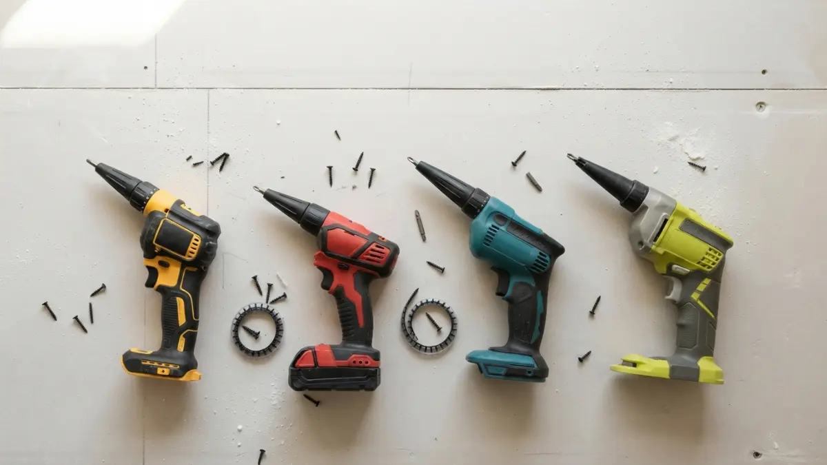 Four cordless drywall screw guns in different brand colours laid out in a row on a sheet of unfinished drywall, with loose screws, a collated screw strip and a driver bit scattered around them