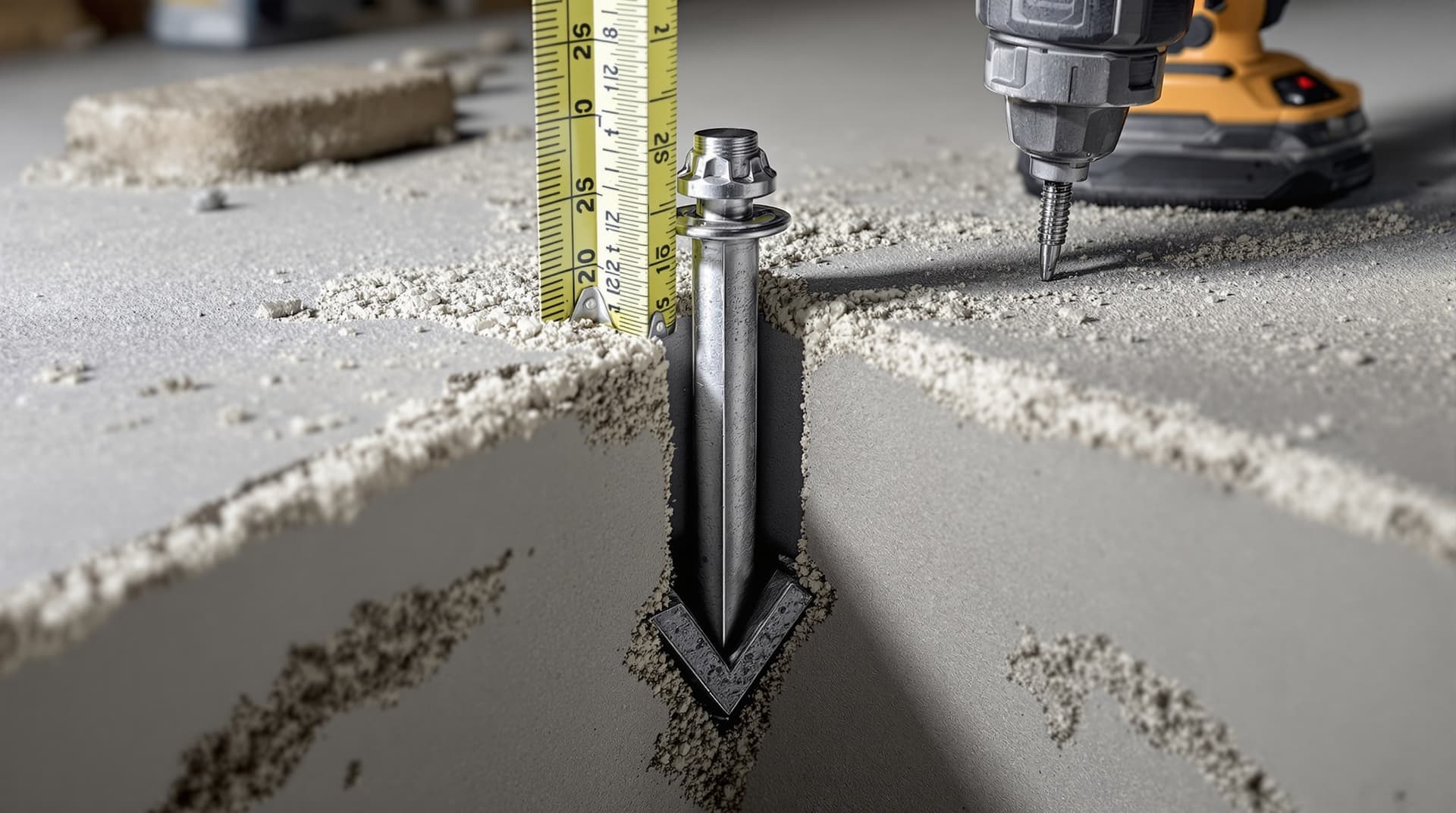 Cross-section view of a wedge anchor embedded deep in a concrete slab, measuring tape showing depth, dust and drill visible nearby
