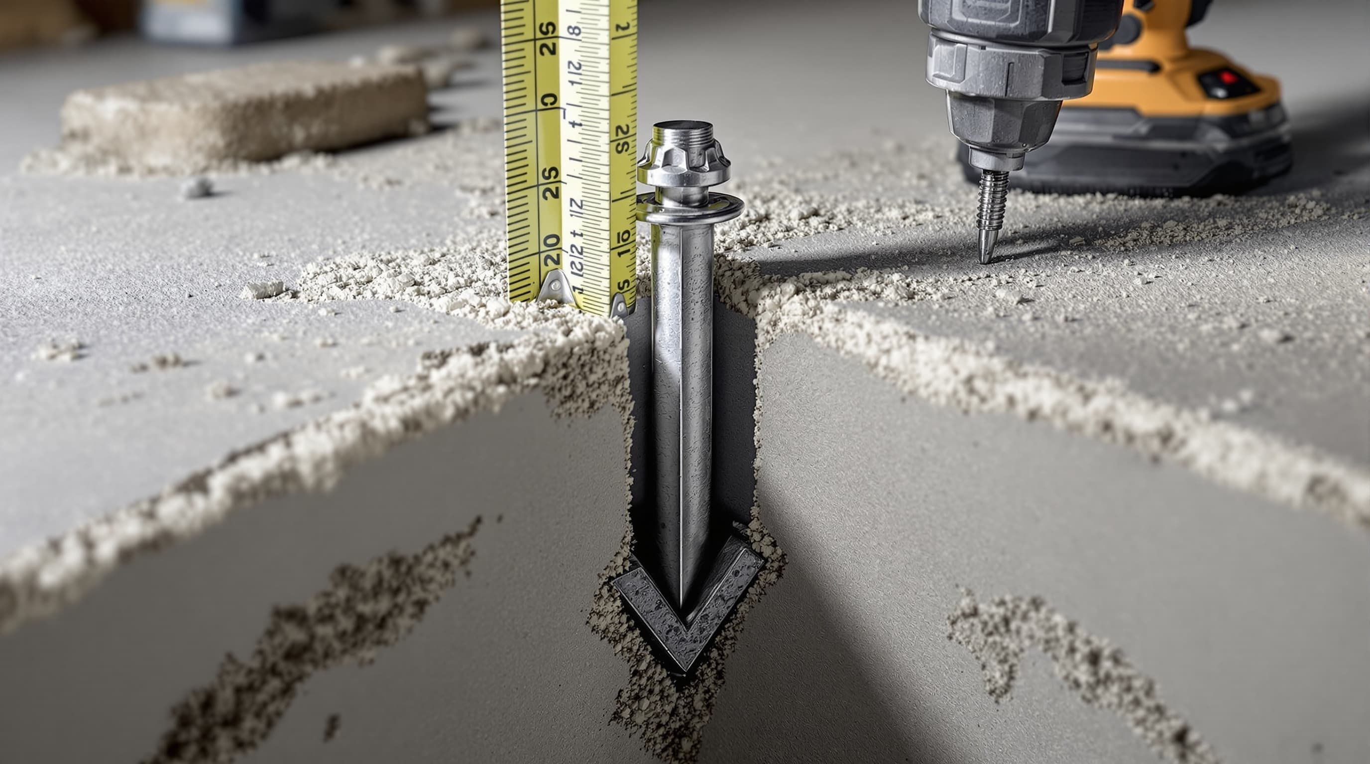 Cross-section view of a wedge anchor embedded deep in a concrete slab, measuring tape showing depth, dust and drill visible nearby
