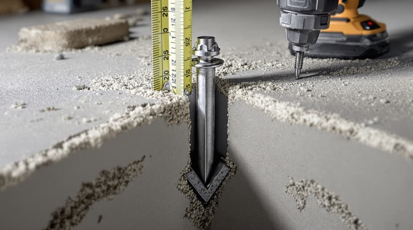 Cross-section view of a wedge anchor embedded deep in a concrete slab, measuring tape showing depth, dust and drill visible nearby
