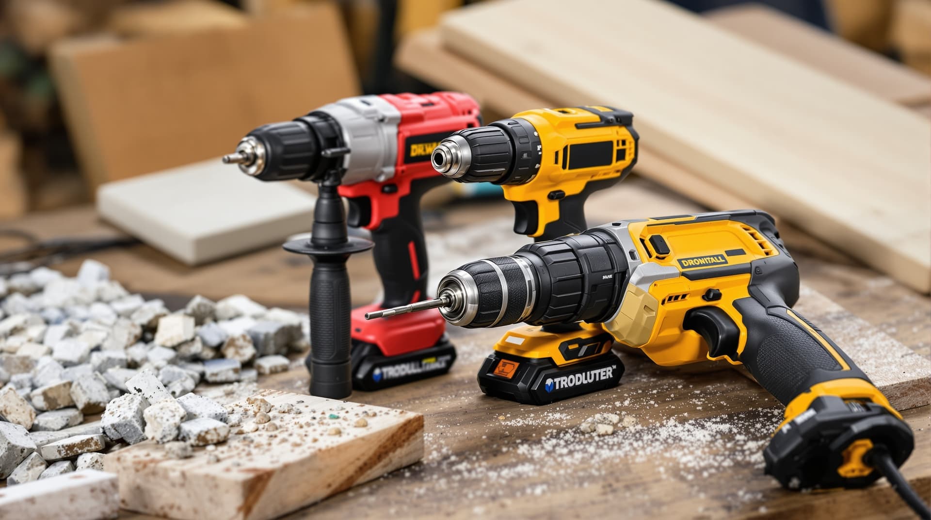 A hammer drill and a standard drill/driver placed side by side on a workbench with concrete and wood samples nearby