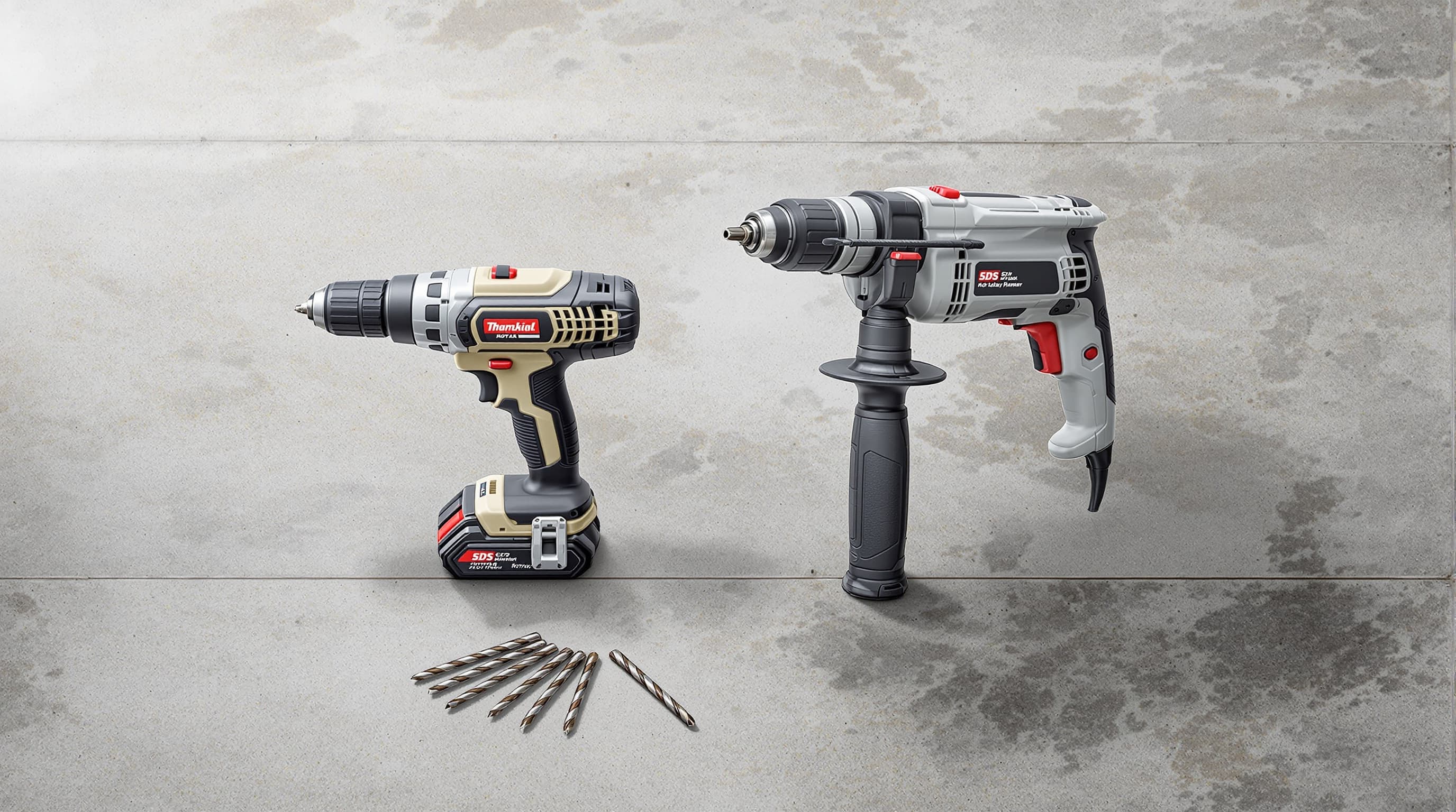 A compact hammer drill and a larger SDS rotary hammer placed side by side on a concrete floor with their respective bits