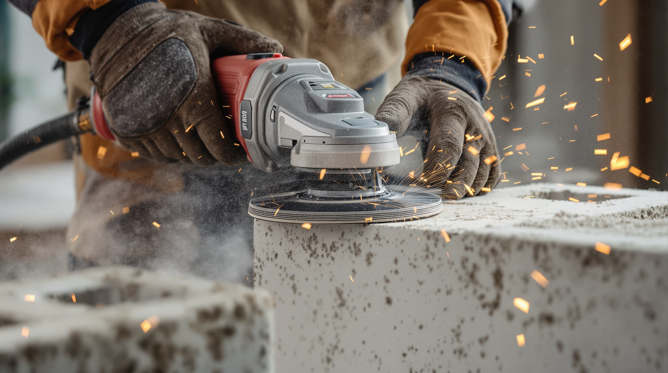 A worker using an angle grinder with a diamond blade to cut a concrete cinder block, dust and sparks visible