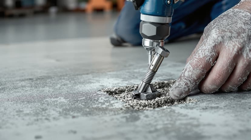 Close-up hands using a torque wrench to tighten a wedge anchor bolt into a concrete floor