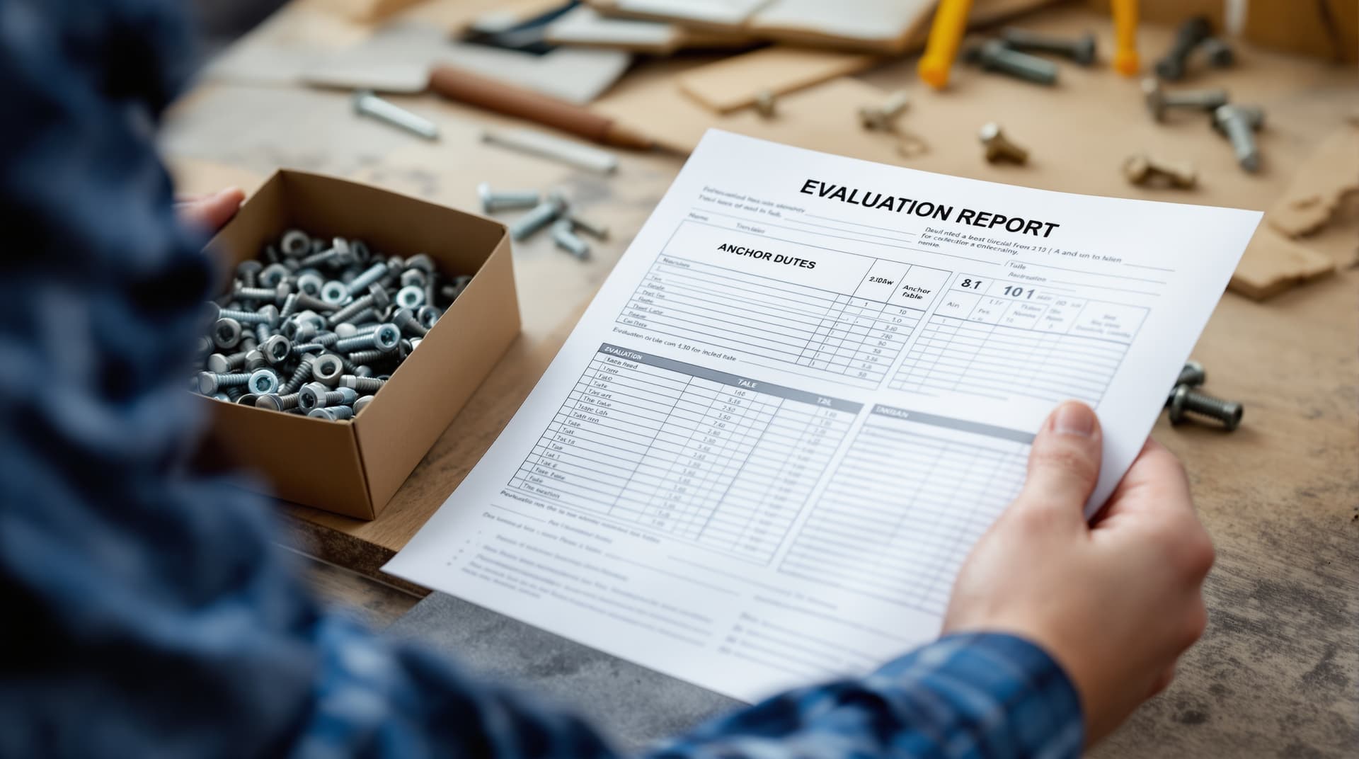 A contractor holding a printed evaluation report with technical tables next to a box of anchor bolts on a workbench