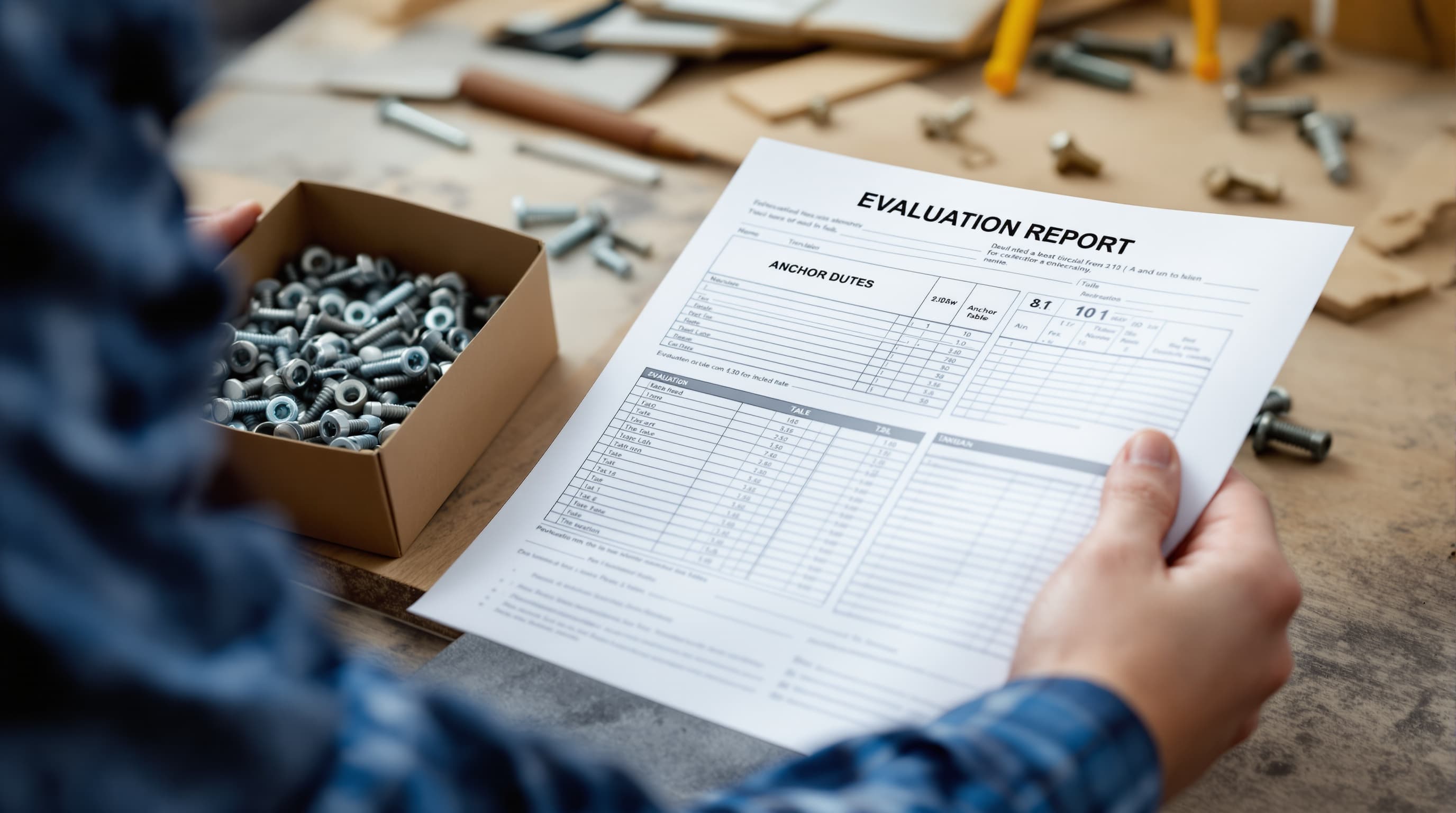 A contractor holding a printed evaluation report with technical tables next to a box of anchor bolts on a workbench