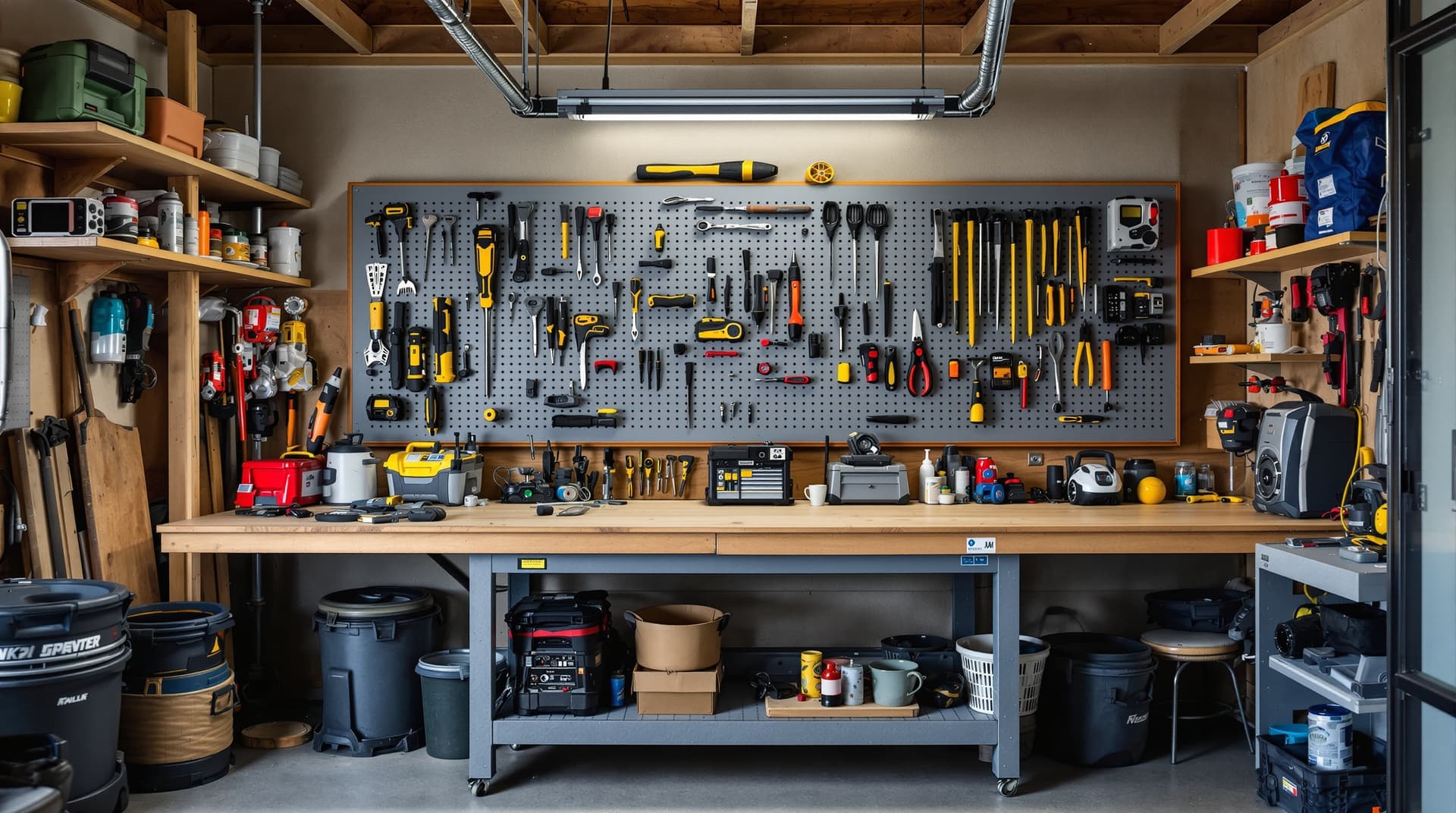 A small organized home garage workshop with a workbench, pegboard tool wall, and basic power tools
