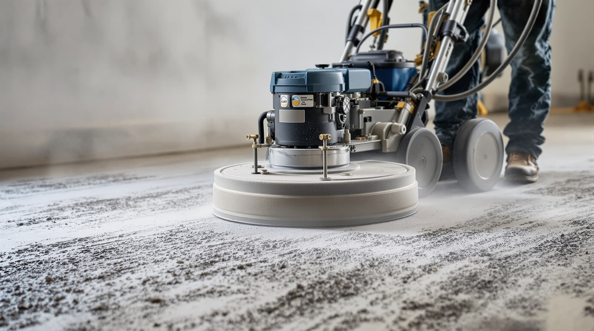 A walk-behind concrete scarifier machine being pushed across a rough concrete floor, removing a thin layer of surface material with dust