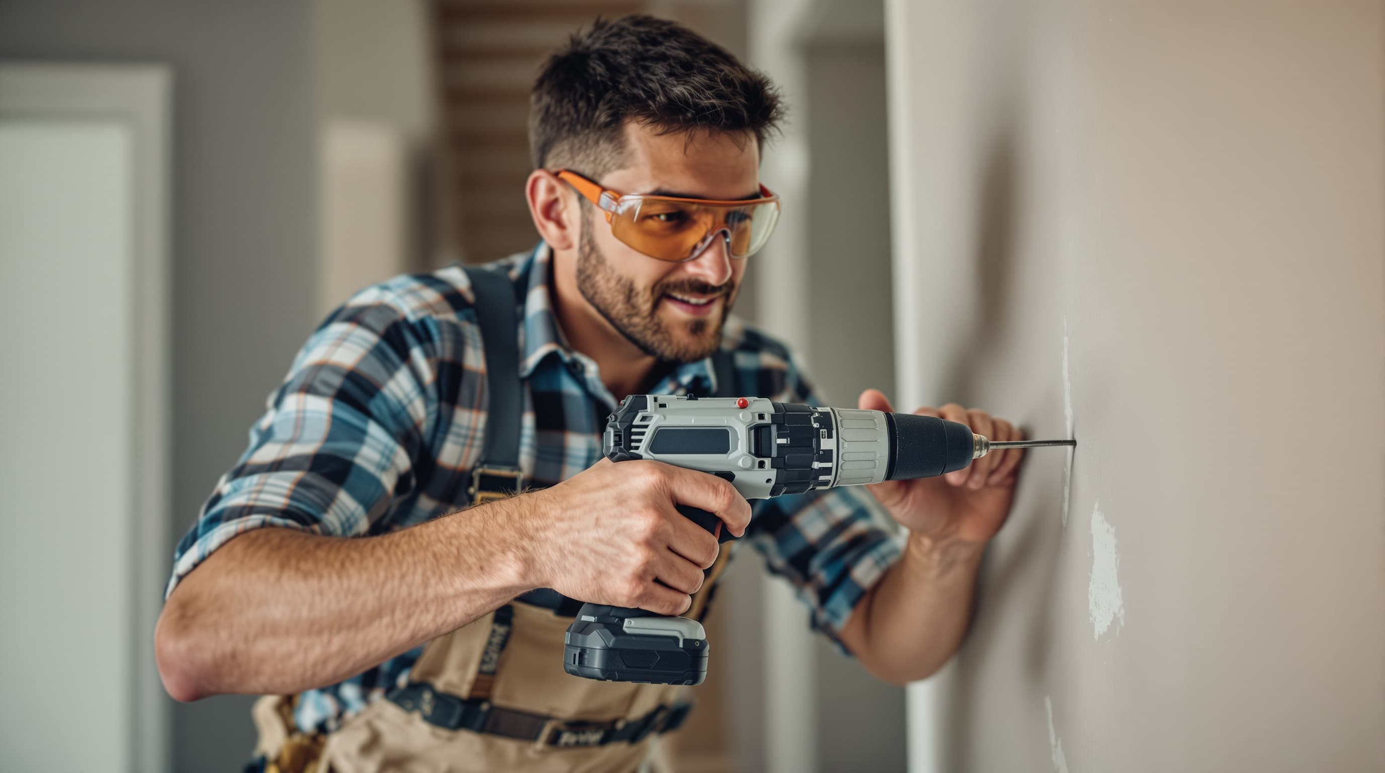 A homeowner wearing safety glasses drilling into a wall with proper two-handed grip and stable stance