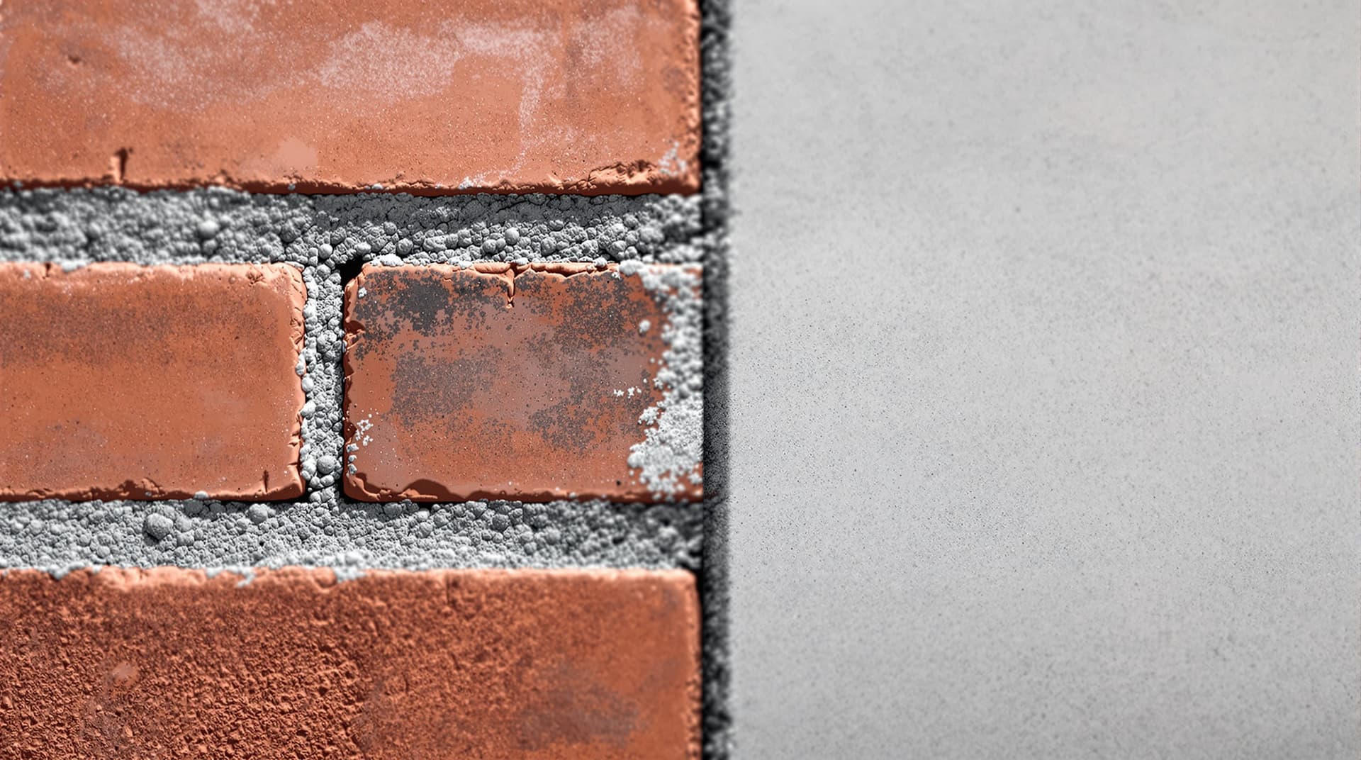 A close-up split image showing textured gray mortar between brick joints next to a poured concrete slab surface