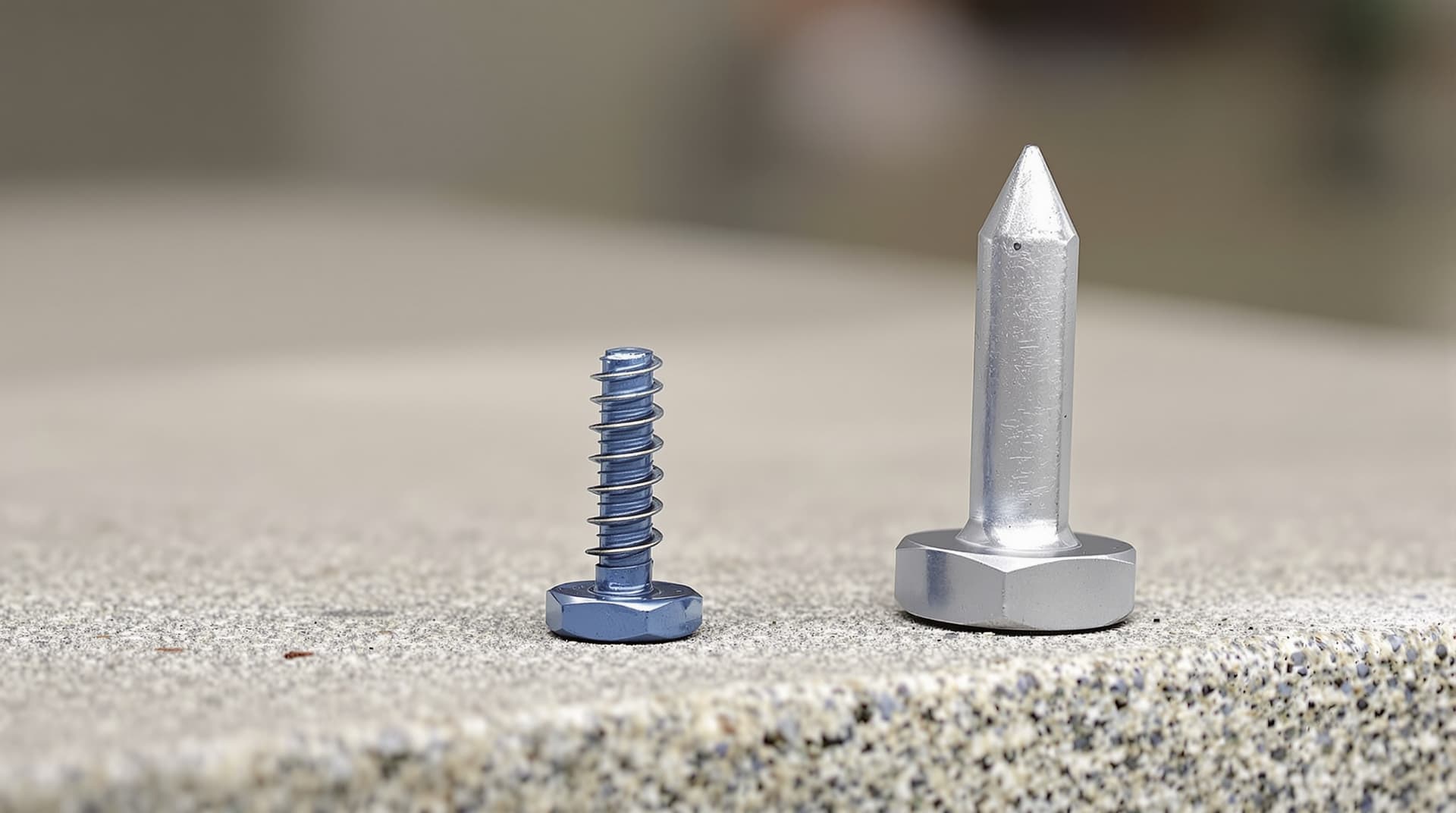 A blue Tapcon concrete screw and a steel wedge anchor placed side by side on a concrete surface for comparison