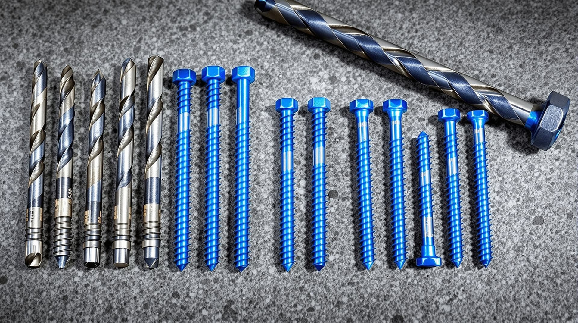 An assortment of blue Tapcon concrete screws in different sizes laid out next to matching masonry drill bits on a concrete surface