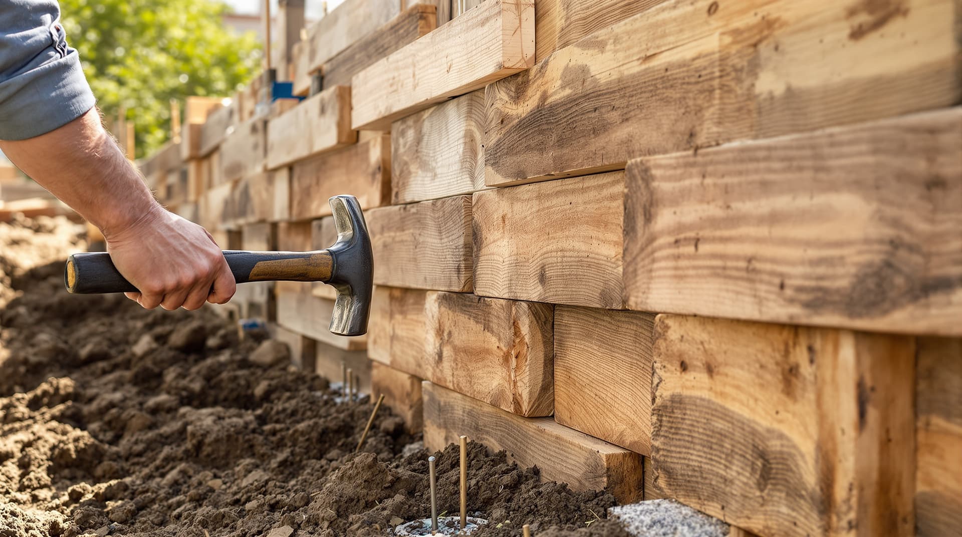 A landscape timber retaining wall under construction, worker driving a rebar pin through stacked timbers with a sledgehammer, soil and gravel visible