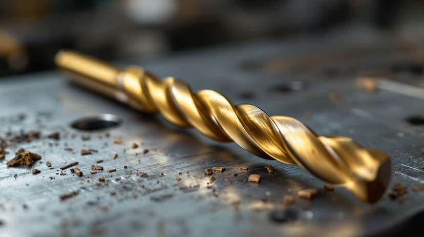 A gold titanium-coated drill bit and a darker cobalt drill bit placed side by side on a metal workbench, close-up