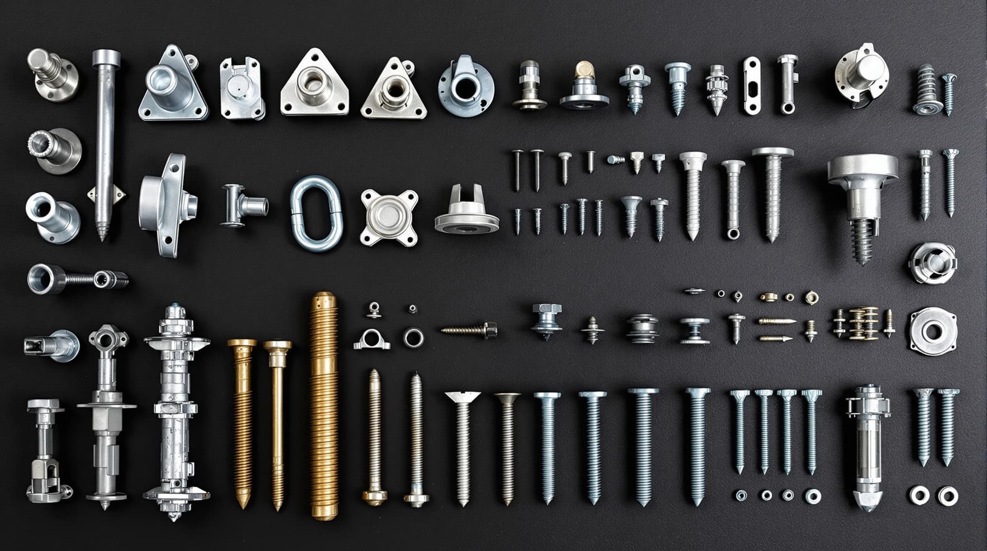 An overhead flat-lay of wedge anchors, sleeve anchors, drop-in anchors, and concrete screws arranged in neat rows on a dark surface
