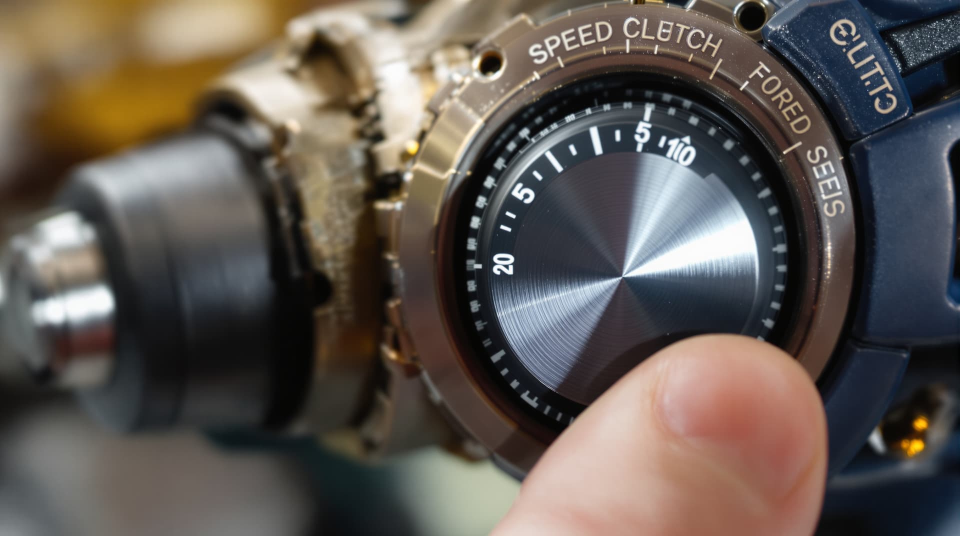 A close-up of a drill clutch and speed selector dial with torque settings visible, finger adjusting the dial