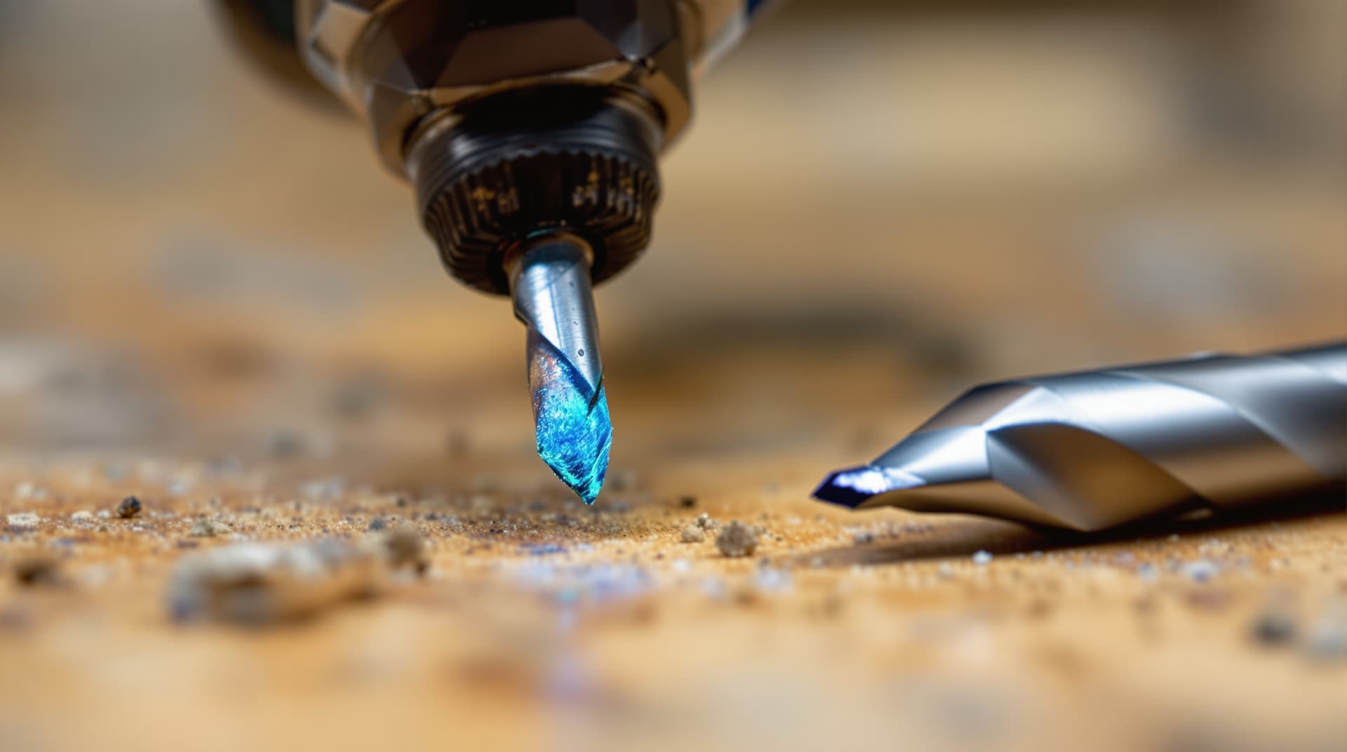 A close-up of a drill bit with a discolored blue overheated tip and another snapped drill bit lying next to it on a workbench