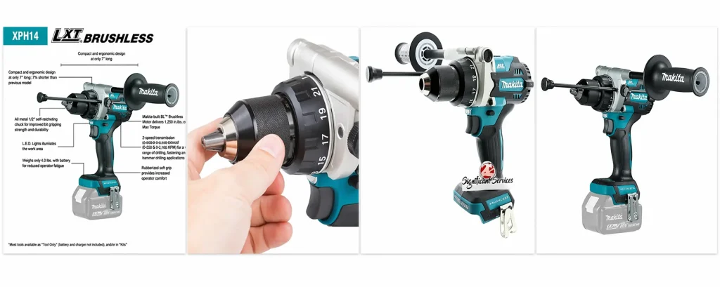 Four-panel product showcase of the Makita XPH14Z 18V LXT Brushless Hammer Drill, including technical specifications diagram, chuck adjustment detail, and profile views highlighting its compact design for masonry projects. This tool is a top contender for the best drill for concrete walls in 2026.