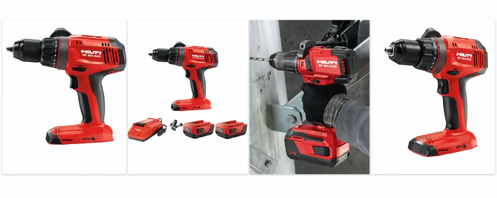 Four-panel product showcase of the Hilti SF 6H-A22 ATC Cordless Hammer Drill, including the tool profile, full battery and charger kit, and an action shot of a professional drilling into a steel-reinforced masonry bracket. Known as the industrial choice for the best drill for concrete walls.