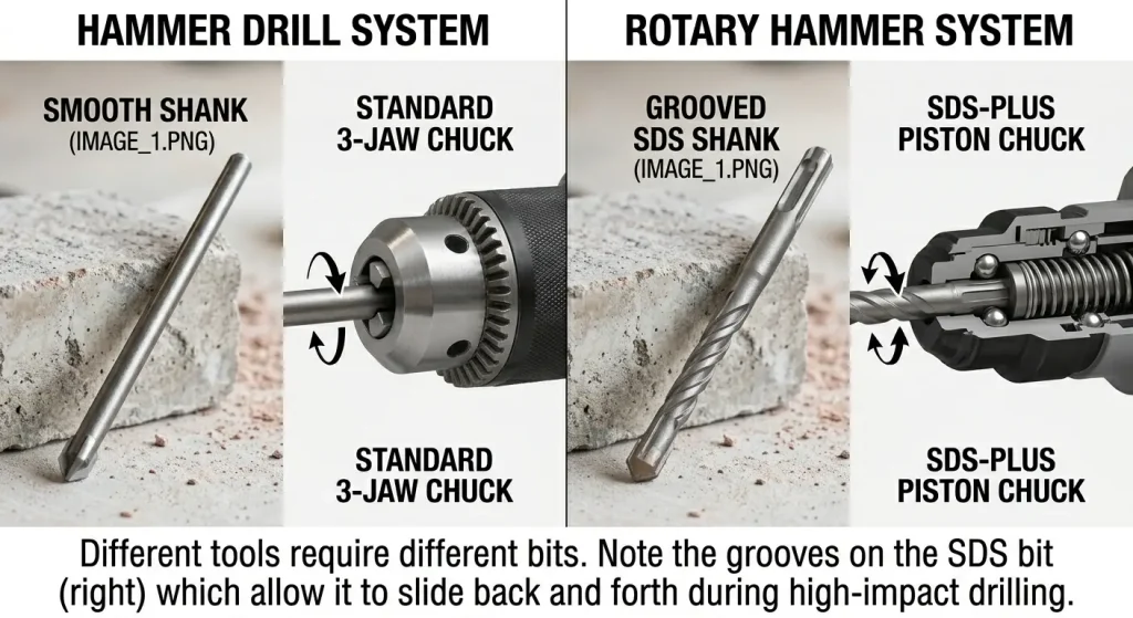 A technical split-screen comparison diagram. The left side, titled 'HAMMER DRILL SYSTEM', shows a standard smooth-shank masonry drill bit from image_1.png and a cross-section of a 3-jaw chuck clamping it. The right side, titled 'ROTARY HAMMER SYSTEM', shows a grooved SDS-Plus bit from image_1.png and a cross-section of an SDS-Plus chuck demonstrating how the spring-loaded mechanism locks into the bit's slots. Arrows indicate that the rotary hammer bit slides back and forth during hammering.