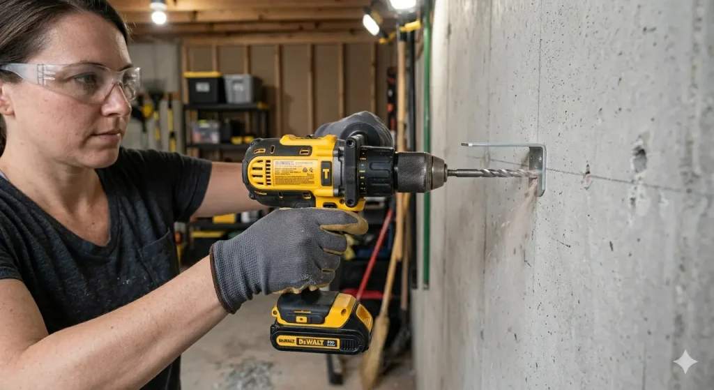 A focused close-up photograph from a first-person perspective, showing a female DIY homeowner, wearing safety glasses and work gloves, actively drilling into a grey residential concrete basement foundation wall. She is using the compact black and yellow DeWalt hammer drill previously shown. Grey concrete dust is visibly ejecting from the hole as she drills to mount a silver metal bracket. The background shows storage shelves and a workbench, creating a real-world home project context.