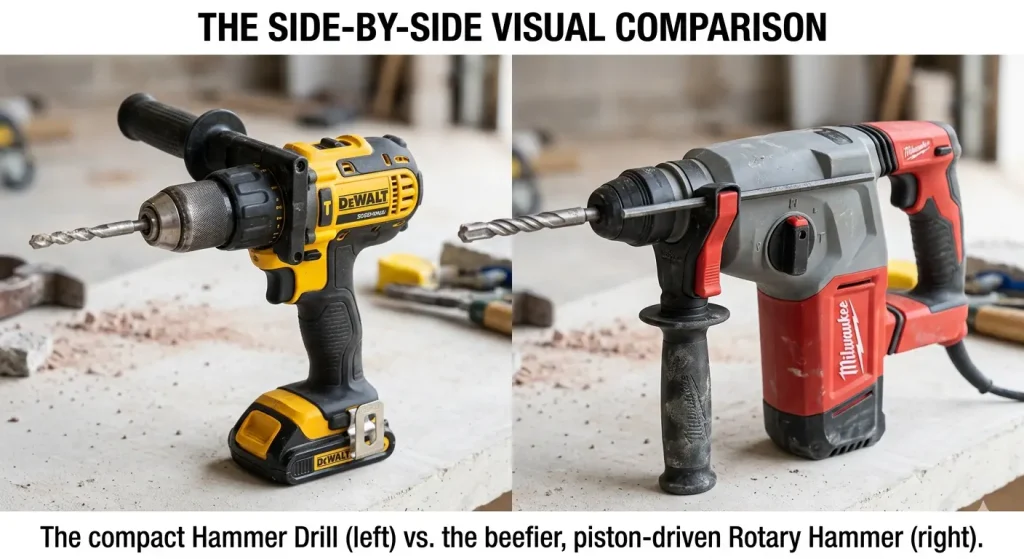 Hammer Drill vs Rotary Hammer A side-by-side visual comparison showing a compact black and yellow DeWalt hammer drill with a 3-jaw chuck (left) standing next to a much larger grey and red Milwaukee SDS-Plus rotary hammer (right).